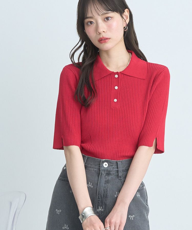 earth music&ecology「半袖ポロニットプルオーバー」|ニット・セーター|Red