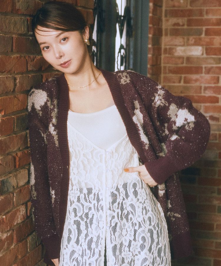 earth music&ecology「フラワージャガードラメシャギーカーディガン」|カーディガン|