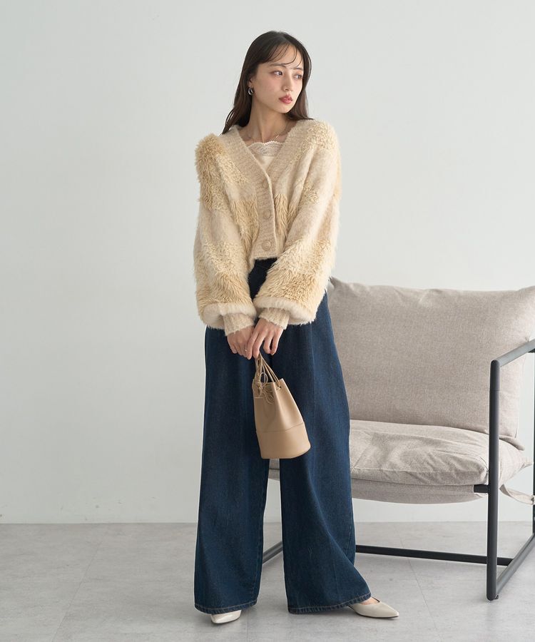 earth music&ecology「ポンポンヤーンミックスインターシャカーディガン」|カーディガン|