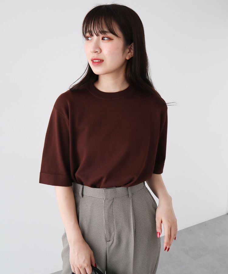 Green Parks「袖裏配色5分袖ニットプルオーバー」|ニット・セーター|Brown