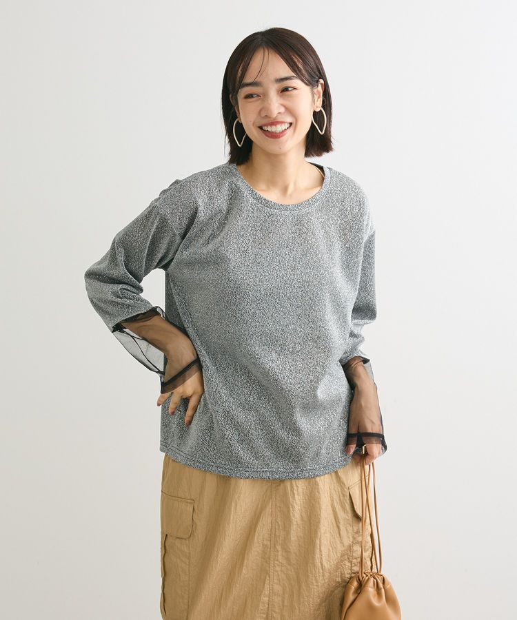 Green Parks「袖チュールドッキングラメプルオーバー」|Tシャツ・カットソー|Black