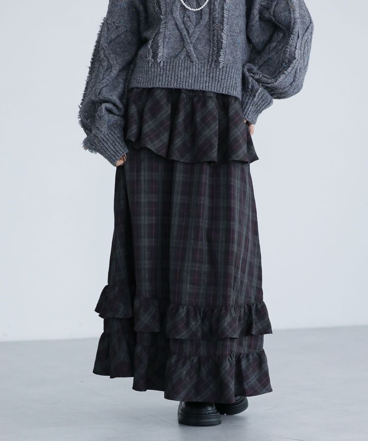 Green Parks「■ESCAR チェックペプラムフレアスカート」|フレア|Purple