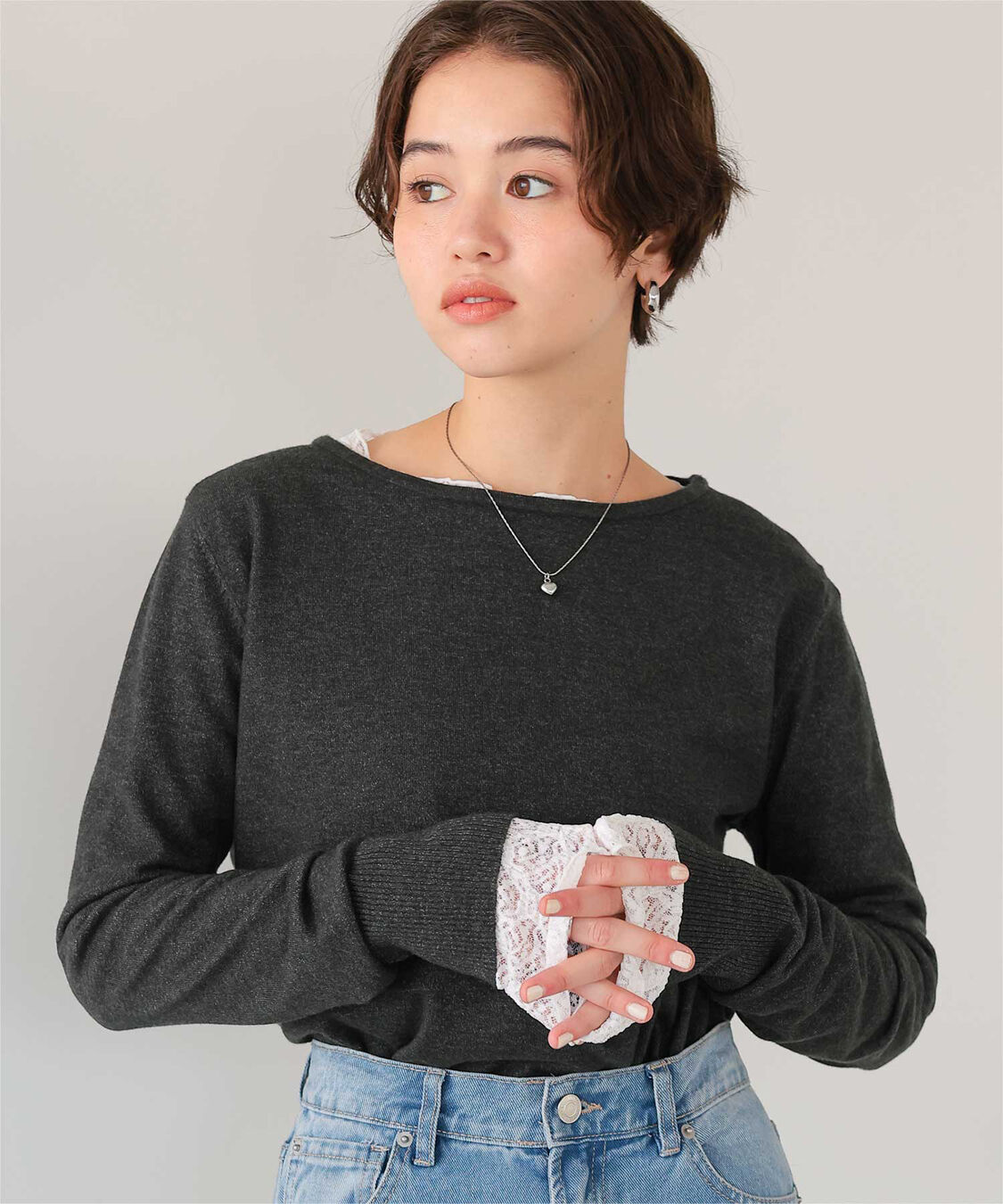 titivate「なめらか手触りカシミヤタッチボートネックニット」|ニット・セーター|チャコール