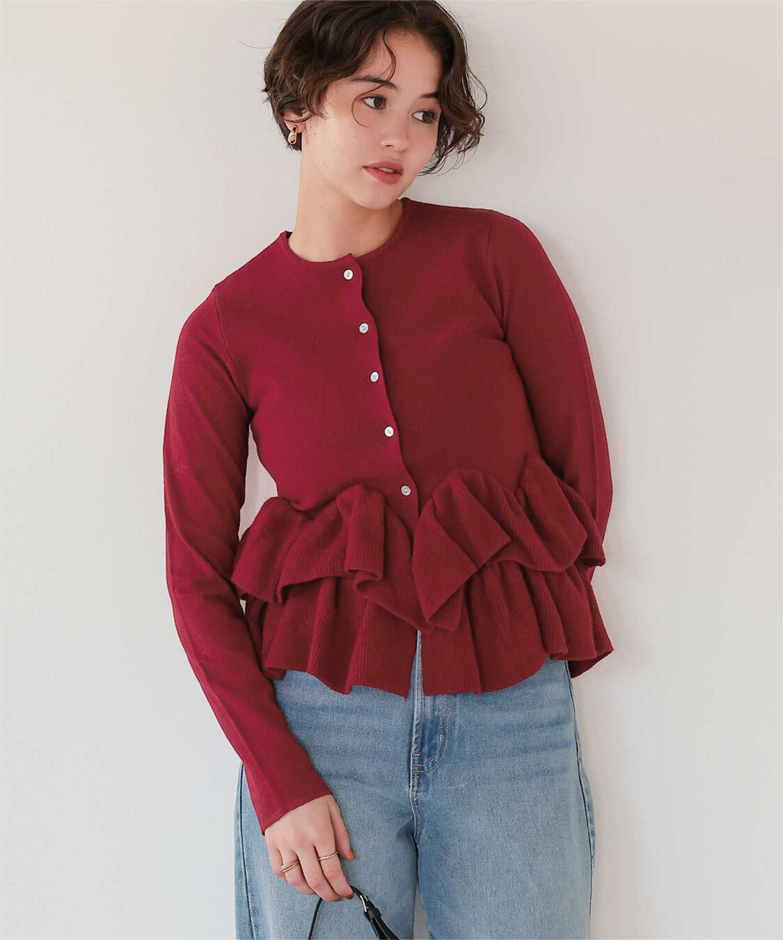 titivate「フリルヘムニットカーディガン」|ニット・セーター|レッド