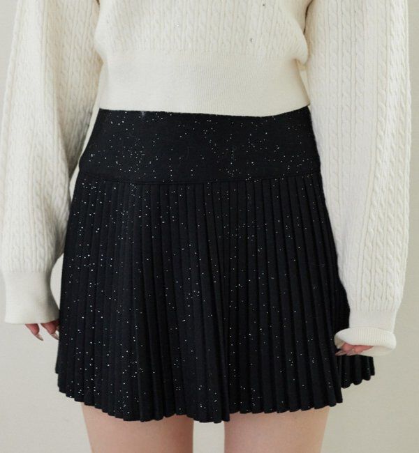  「細プリーツラメ混スカート」|スカート|ブラック