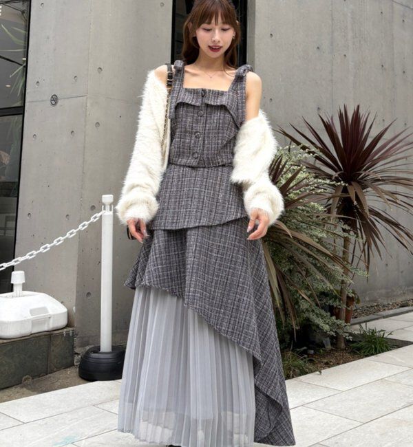  「【LouLoumei】異素材ミックスツイードセットアップ」|ワンピース|グレー