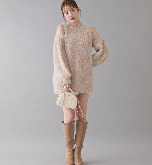  「肩あきビジューニットミニワンピ」|ワンピース|