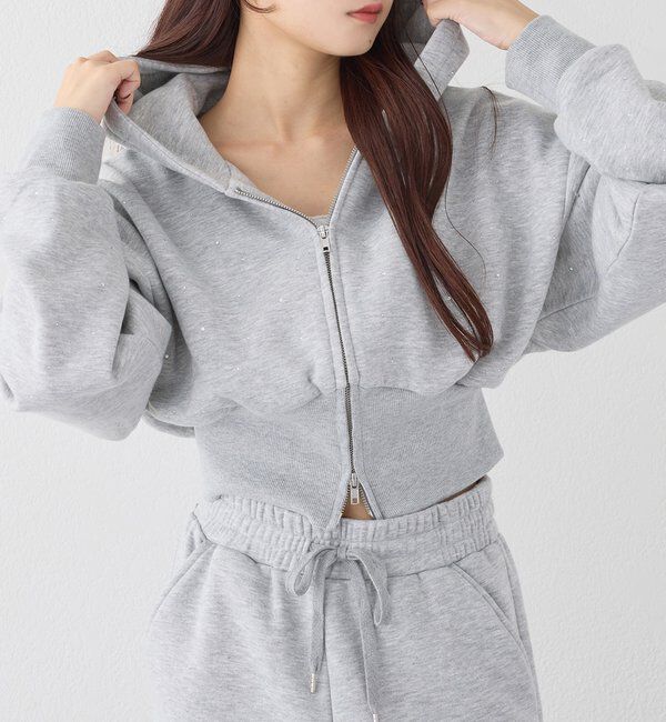  「【セットアップ可能】ビジューパーカー」|プルオーバー|グレー