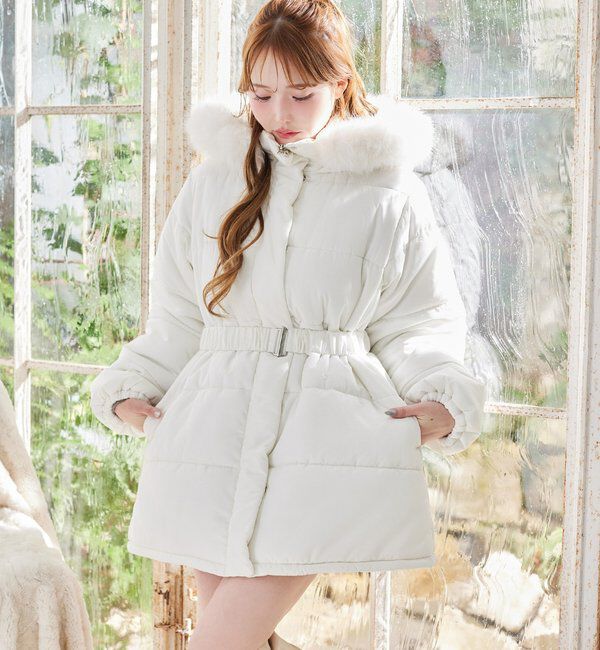  「ベルト付きフェイクファーフードフェイクダウン」|その他|