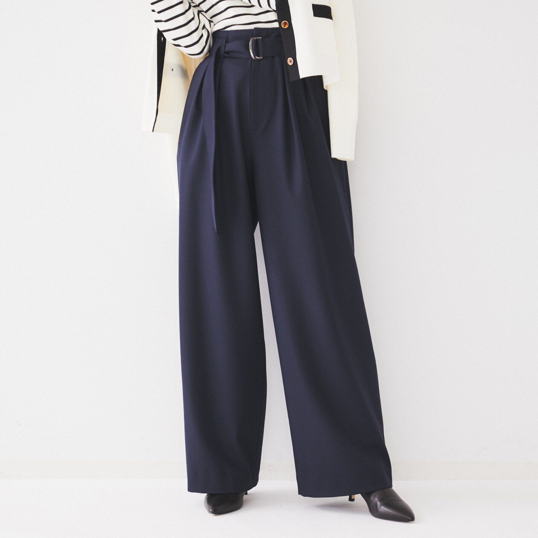 UNTITLED「【フルレングス/後ろウエストゴム】ダブルタック ハイウエストワイドパンツ」|その他|ネイビー(094)