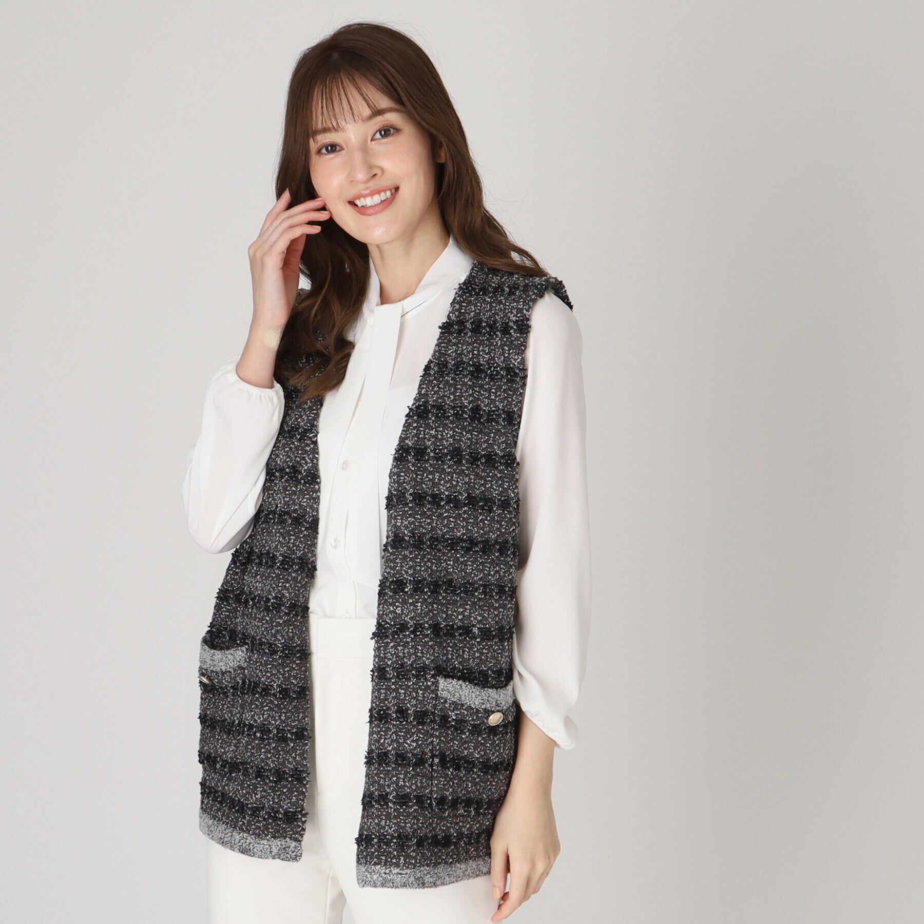 COUP DE CHANCE「【洗える】ツイード柄ニットジレ」|ベスト・ジレ|チャコールグレー(4