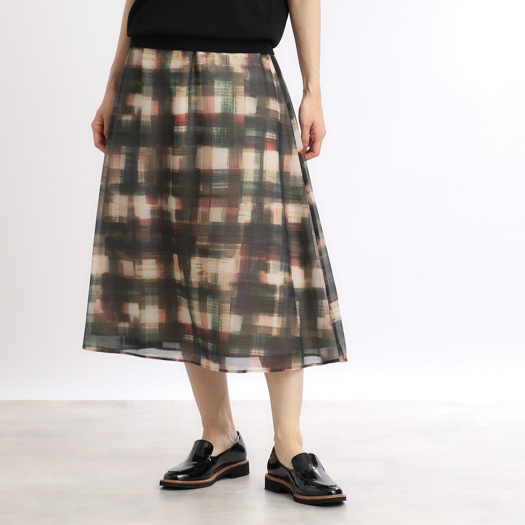 Reflect「【マシンウォッシュ可／ウエスト総ゴム／セットアップ可能】シアーチェックスカート」|スカート|グリーン(122)