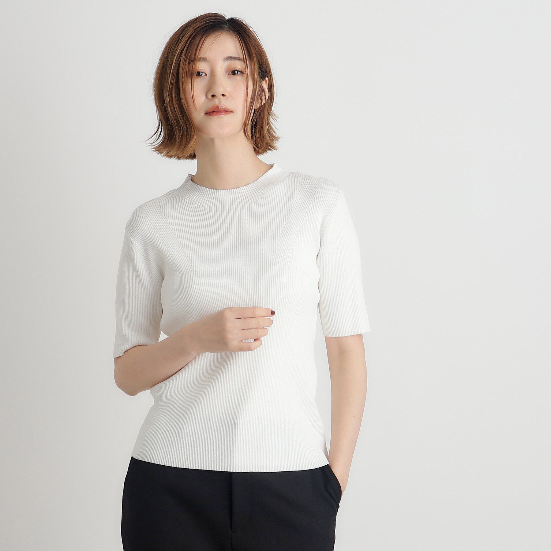 grove「RNドライタッチリブ5分袖プルオーバー」|ニット・セーター|オフホワイト(003