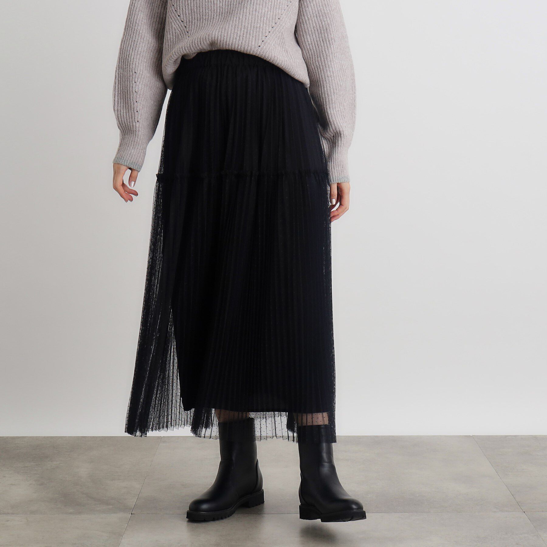 grove「ドットチュールプリーツスカート」|スカート|ブラック(019)