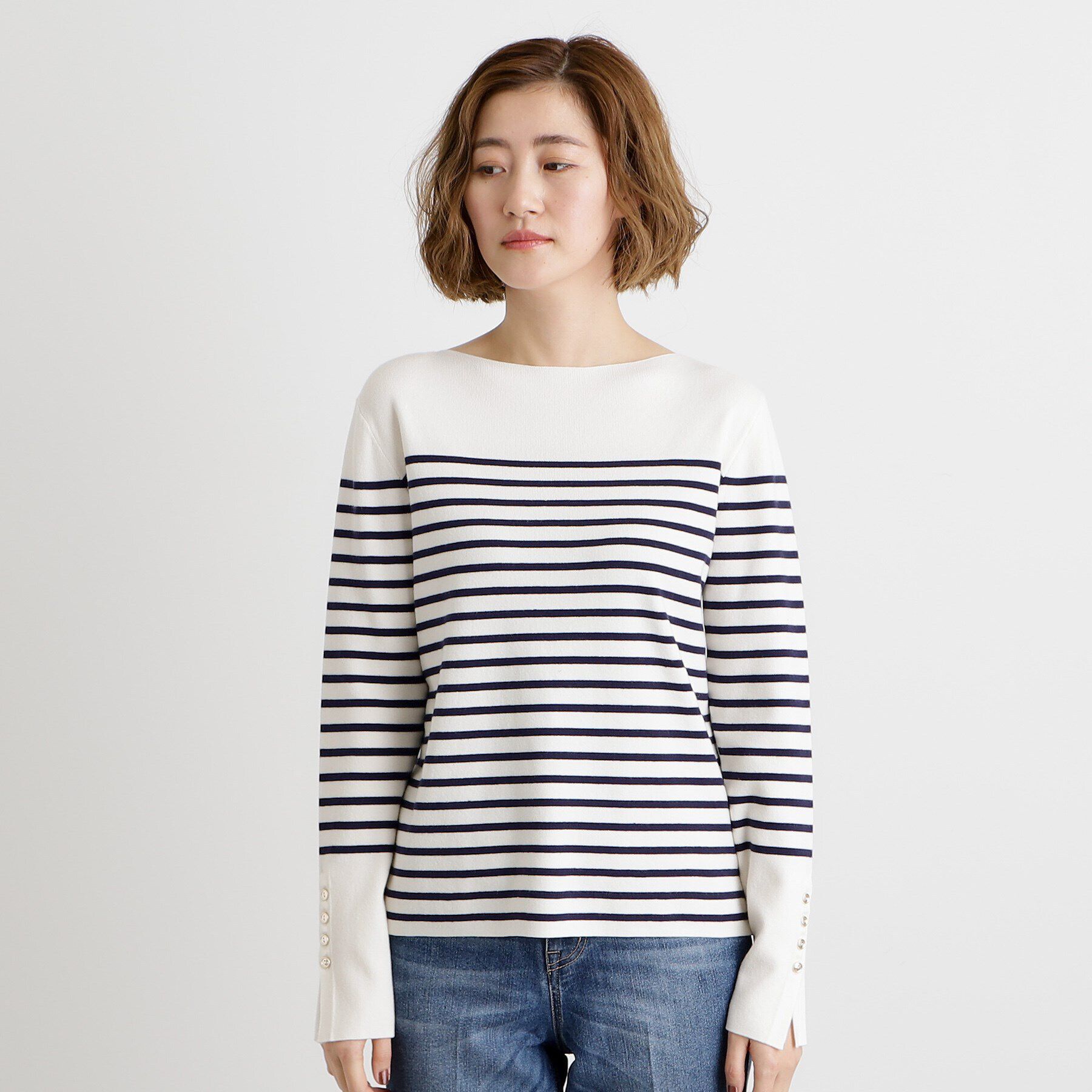 grove「総針袖口金ボタンニットロンT」|ニット・セーター|