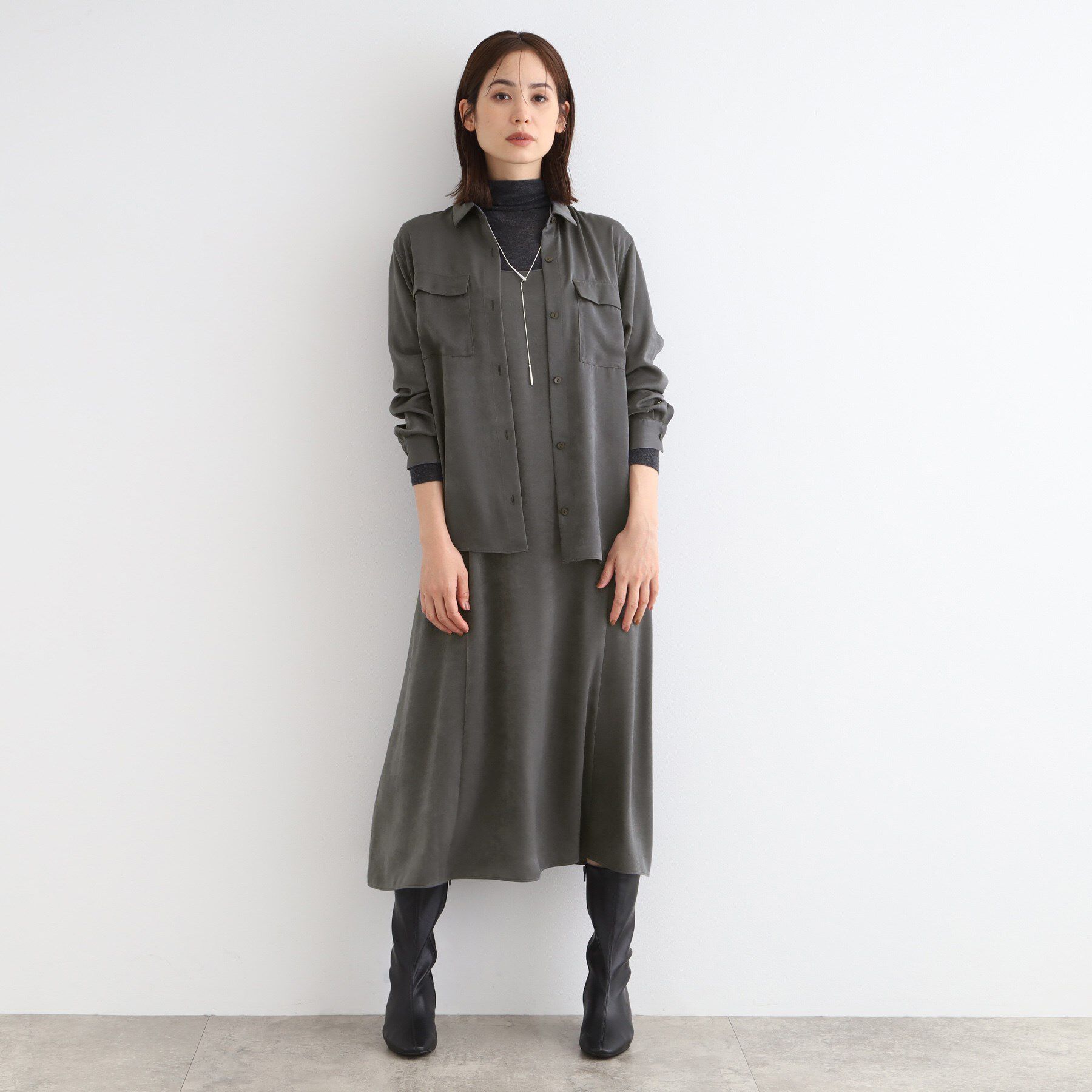 INDIVI「【洗える／UVケア】スエード調サテンキャミワンピース」|ワンピース|