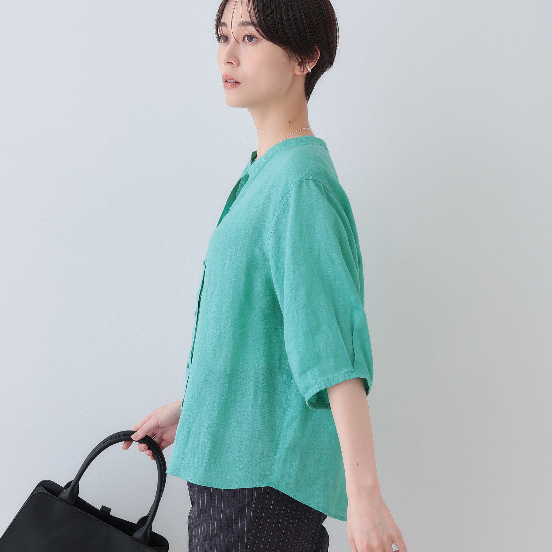 INDIVI「【毎年人気！／フレンチリネン】5分袖バンドカラーブラウス」|シャツ・ブラウス|