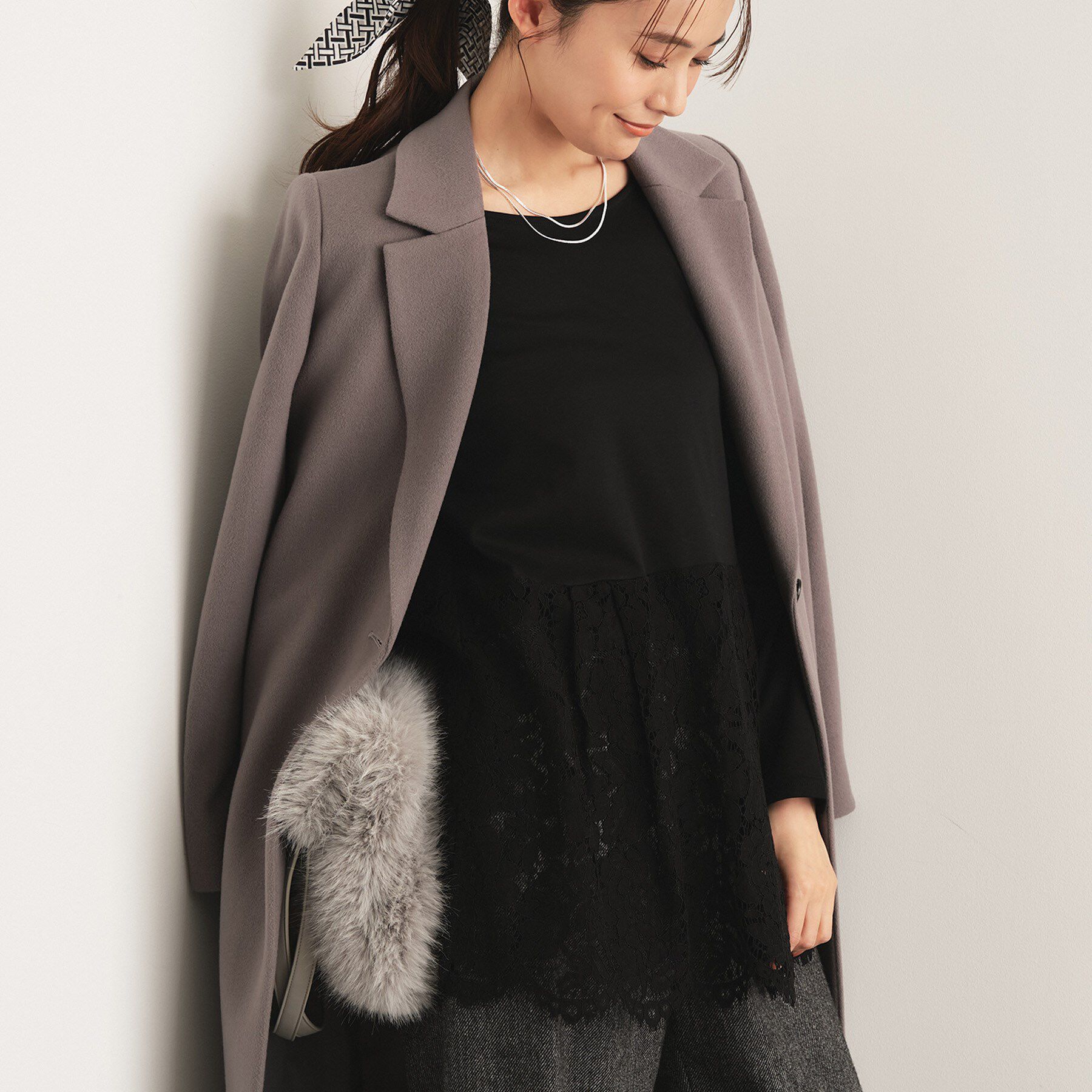 INDIVI「【レイヤードにおすすめ】レース切り替えカットソー」|Tシャツ・カットソー|ブラック(019)