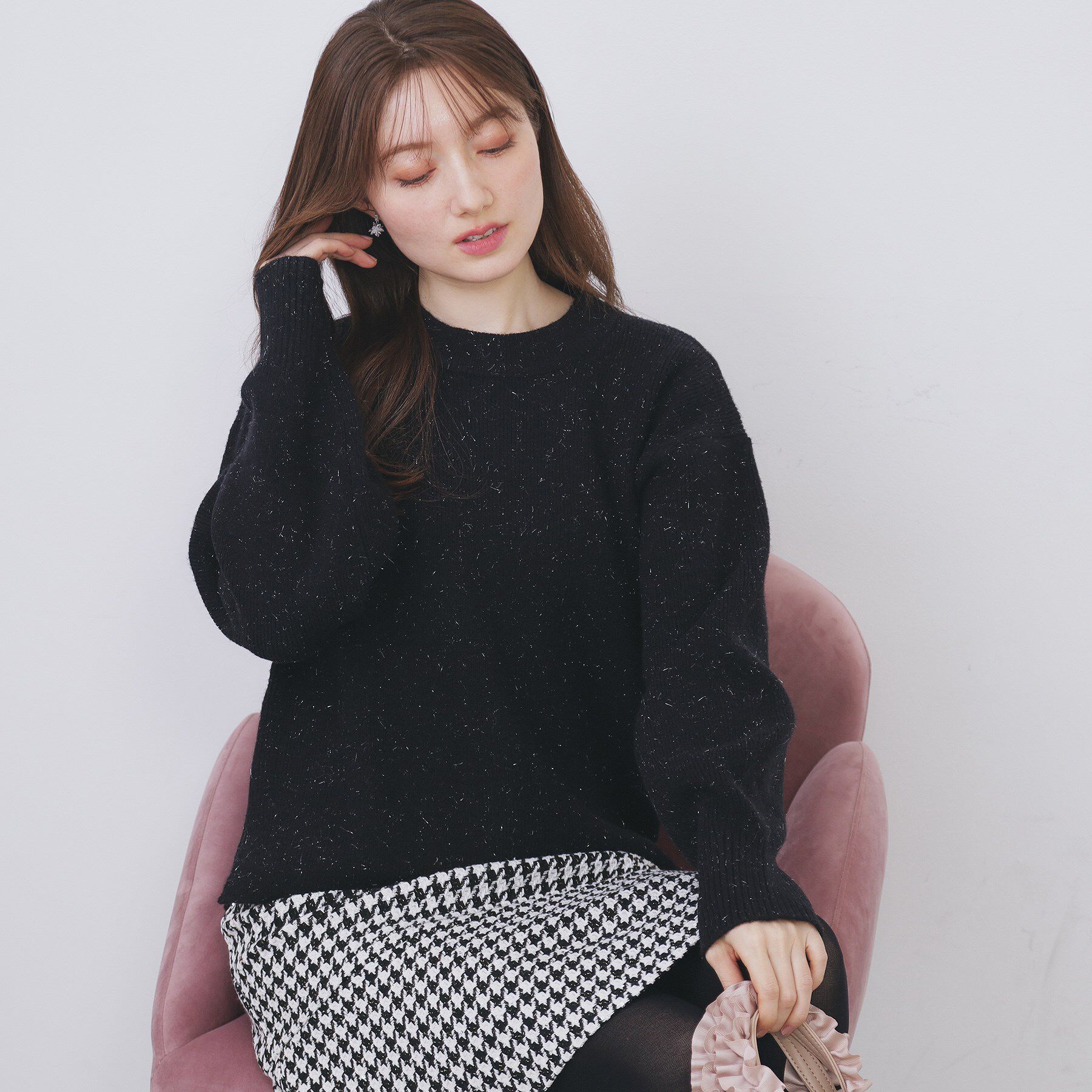 index「モックネックボクシーラメニット【洗濯機OK】《7col》」|ニット・セーター|ブラック(019)