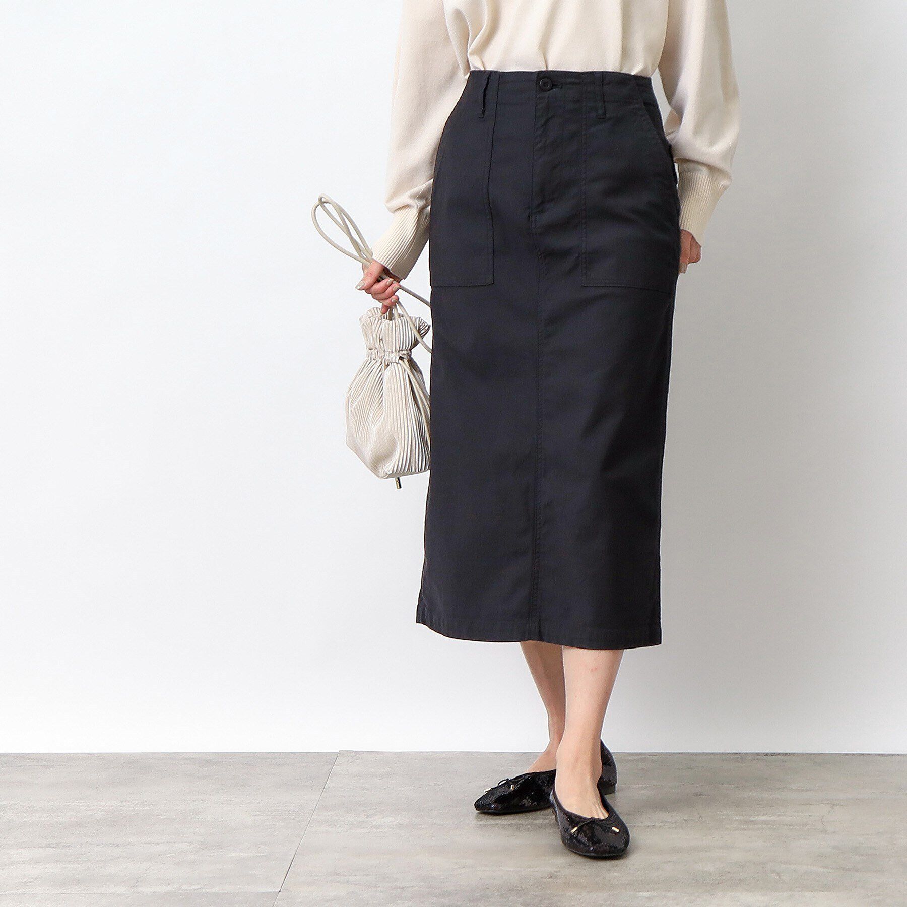 OPAQUE.CLIP「ストレッチベイカースカート/オーガニックコットン混【洗濯機洗い可／ストレッチ】」|スカート|ブラック(019)