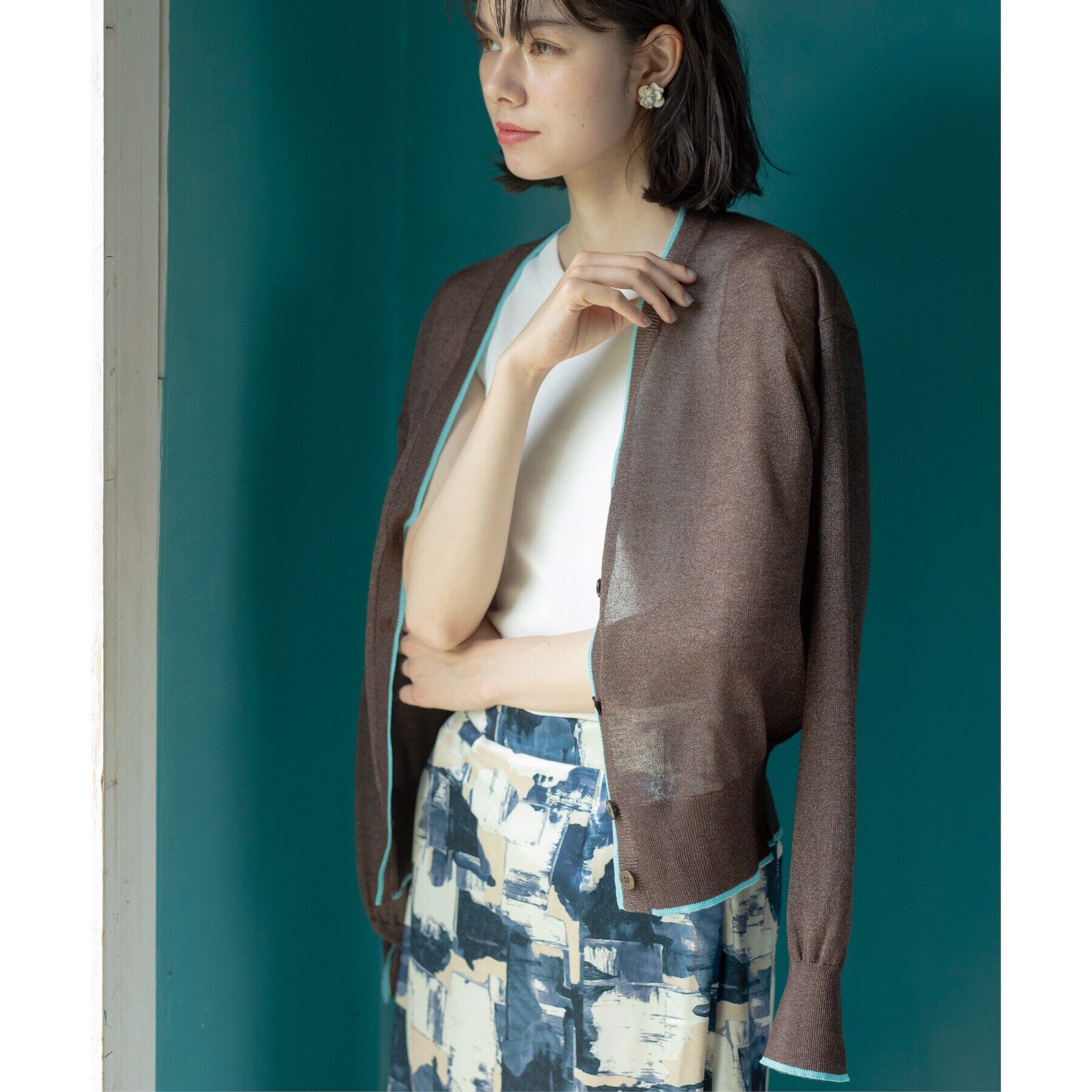 OPAQUE.CLIP「配色ラインVネックシアーカーディガン【洗濯機洗い可】」|カーディガン|