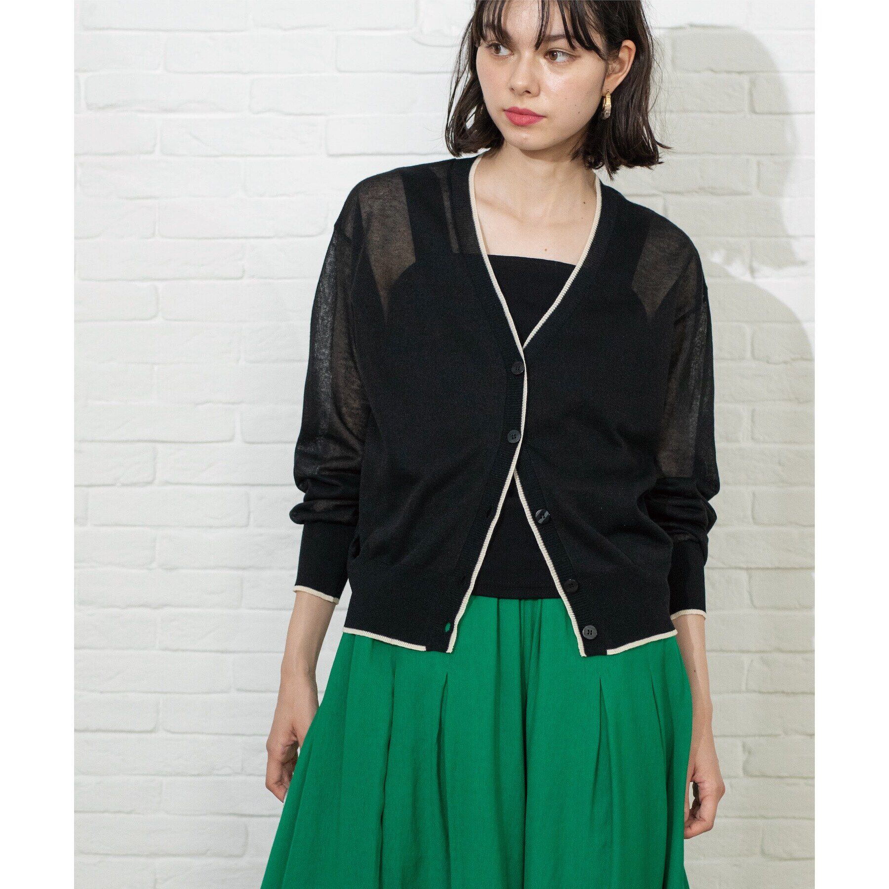 OPAQUE.CLIP「配色ラインVネックシアーカーディガン【洗濯機洗い可】」|カーディガン|