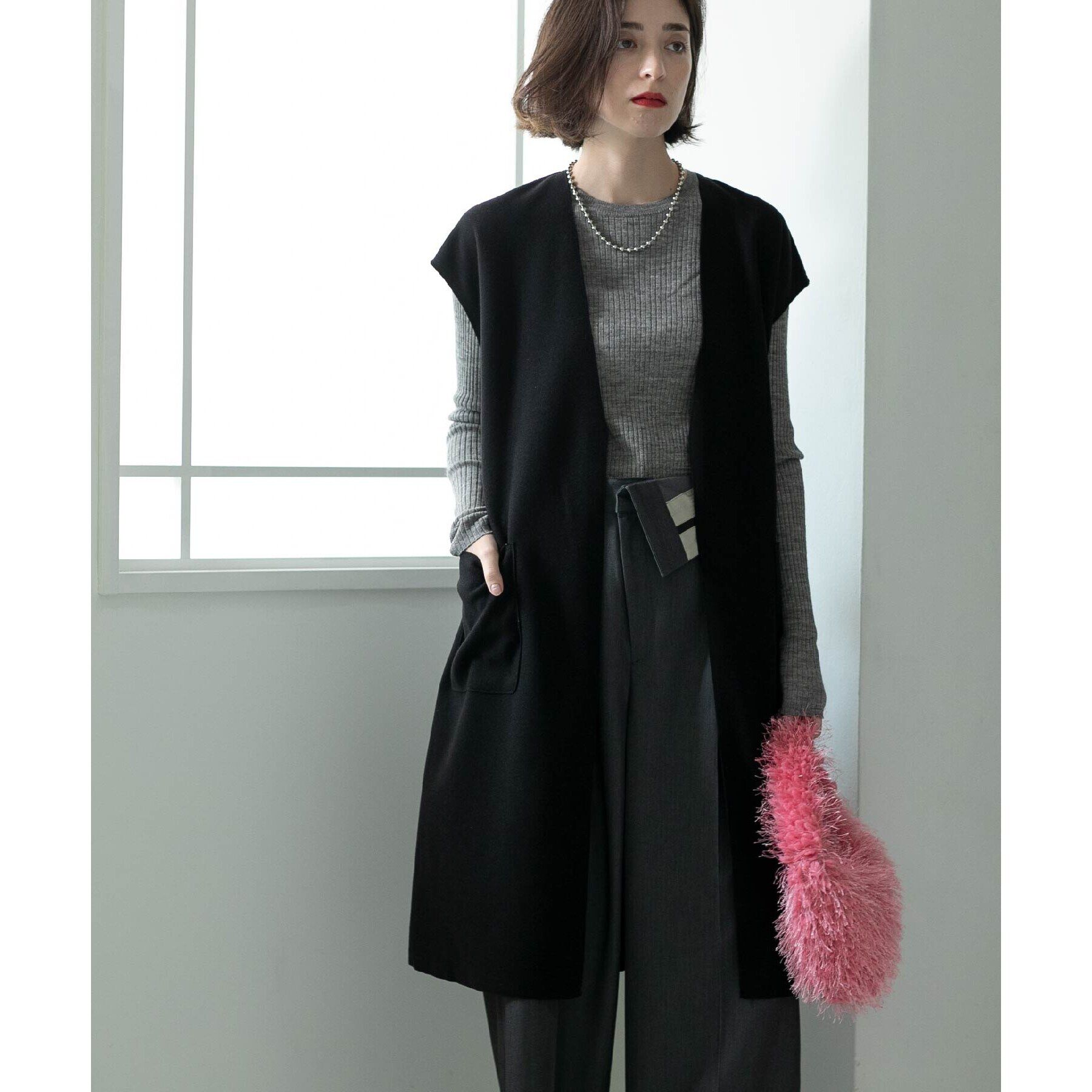 OPAQUE.CLIP「ウールライクロングジレ【洗濯機洗い可】」|ベスト・ジレ|ブラック(019)