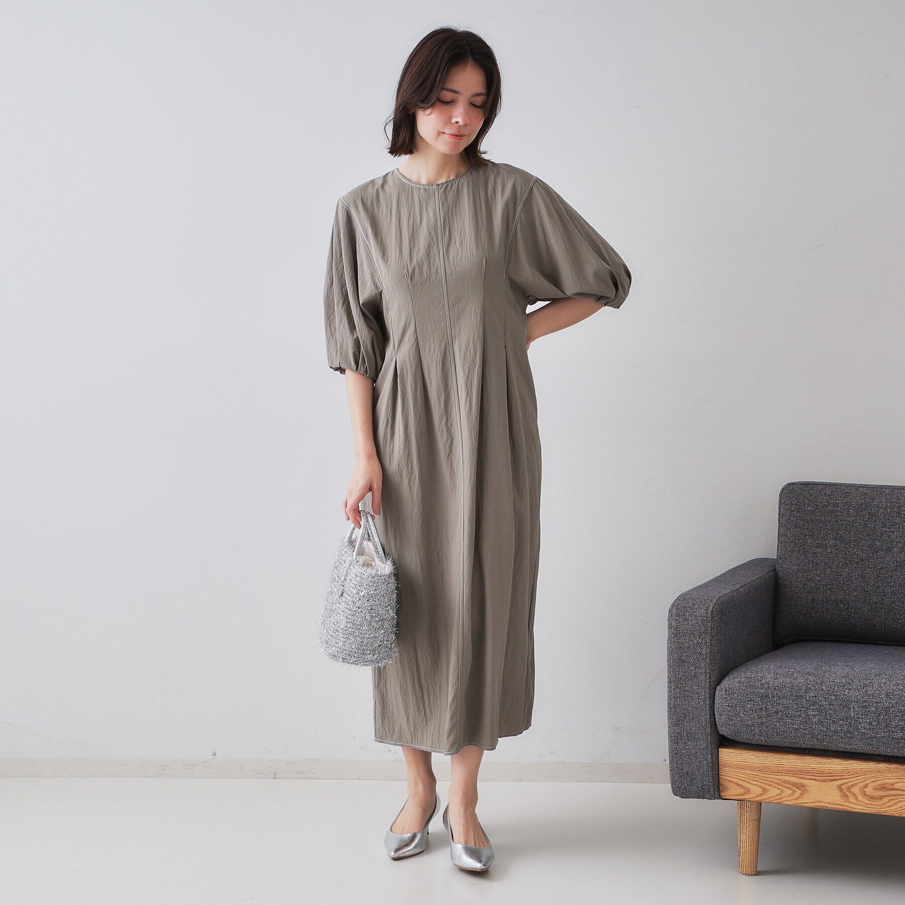 OPAQUE.CLIP「配色ボリュームタックスリーブワンピース【洗濯機洗い可】」|ワンピース|