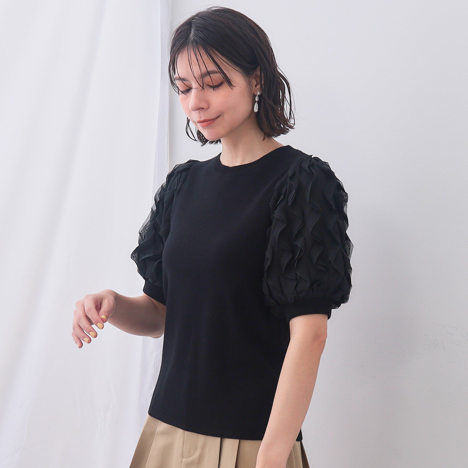 OPAQUE.CLIP「フリルスリーブデザインニット【洗濯機洗い可】」|Tシャツ・カットソー|ブラック(019)