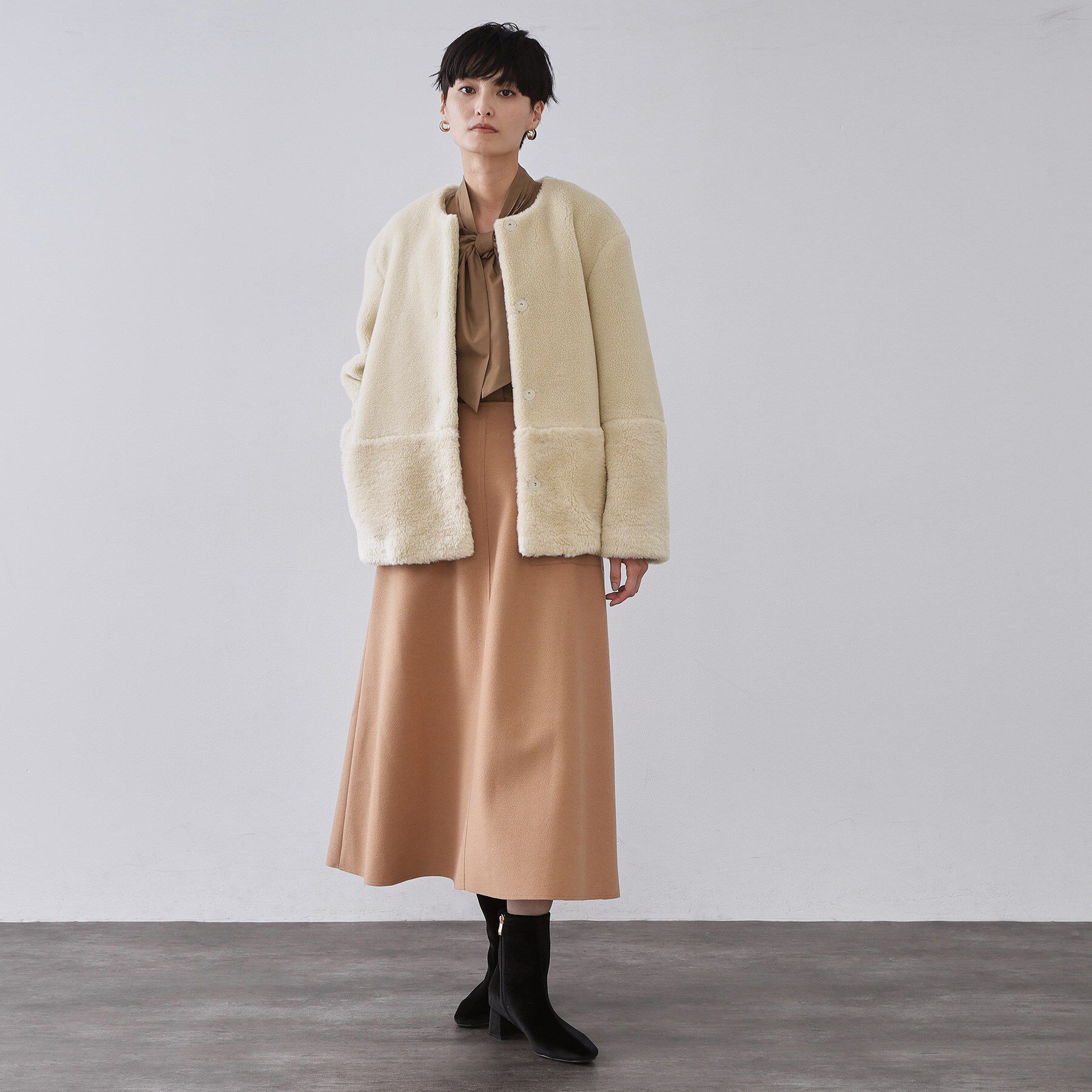 OPAQUE.CLIP「フェイクボア切替ショートコート」|ノーカラーコート|