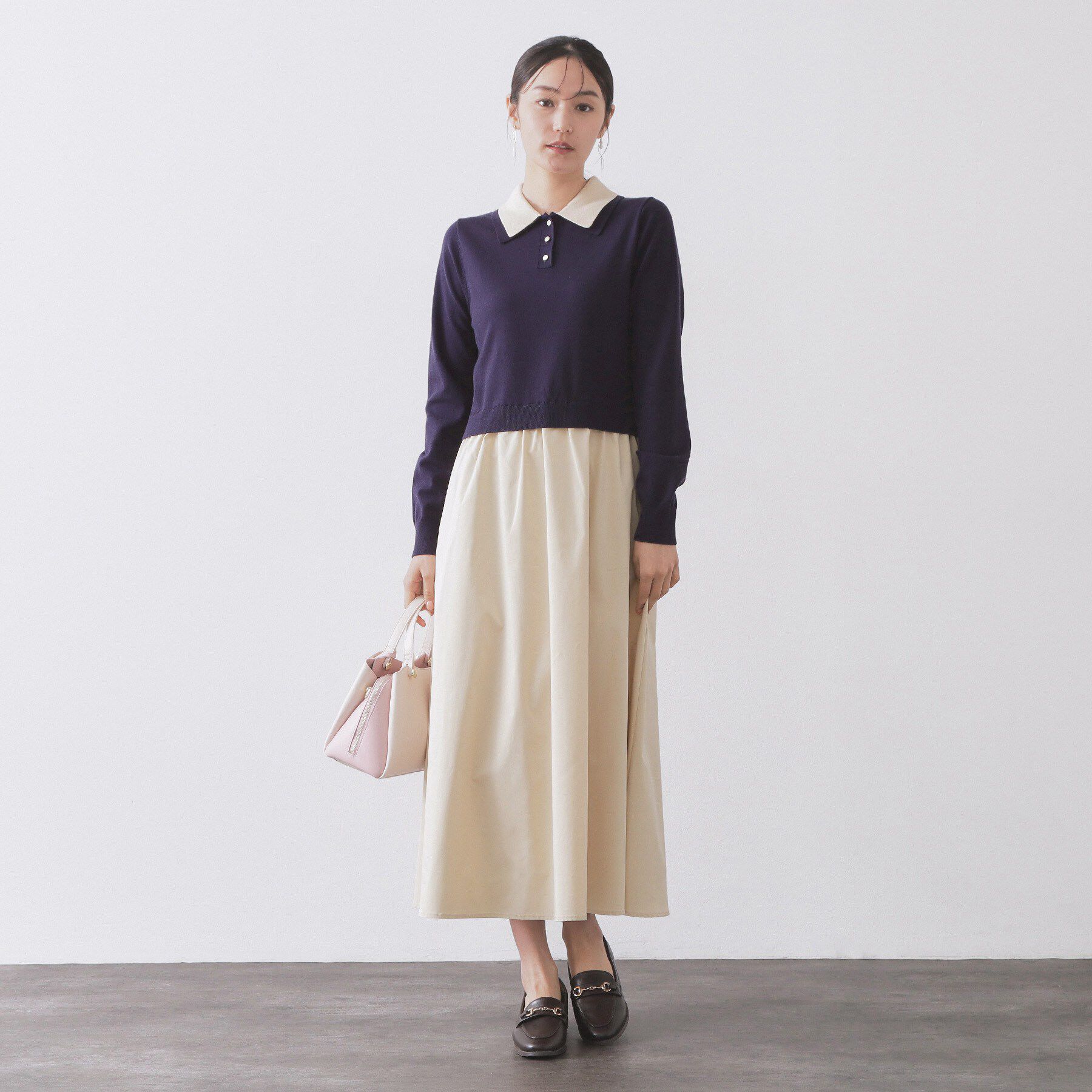 OPAQUE.CLIP「ダブルポロ衿ニットドッキングワンピース【洗濯機OK】」|ワンピース|