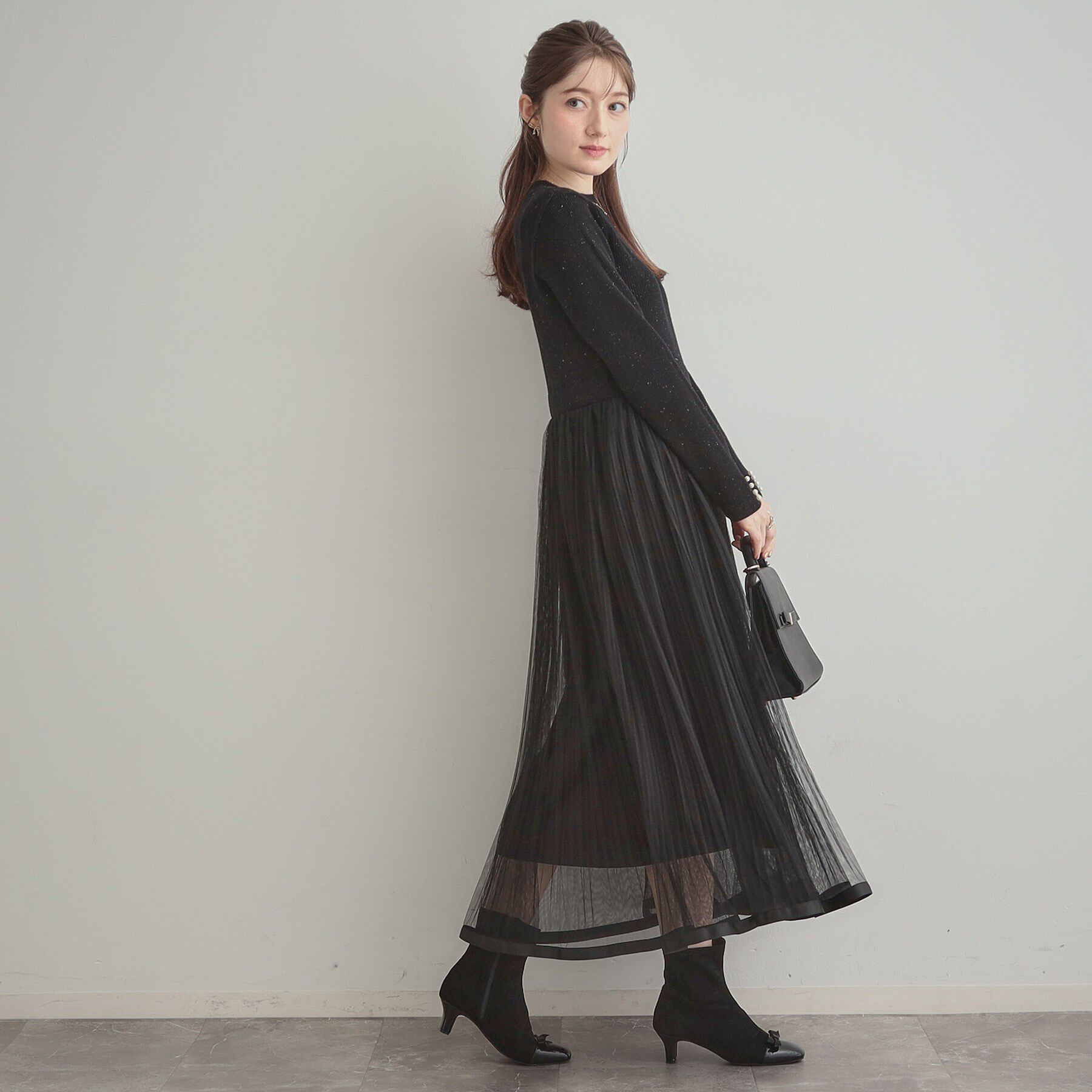 Couture broach「【S-LL/キラキラリブニット】チュールドッキング ワンピース」|ワンピース|