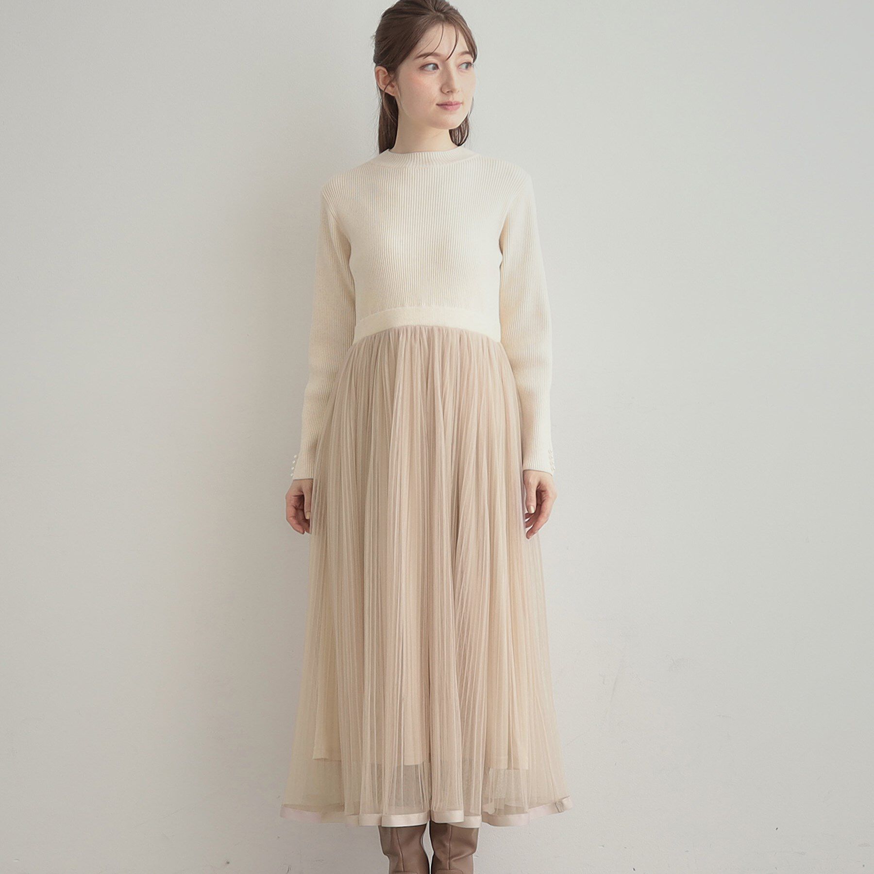 Couture broach「【S-LL/キラキラリブニット】チュールドッキング ワンピース」|ワンピース|