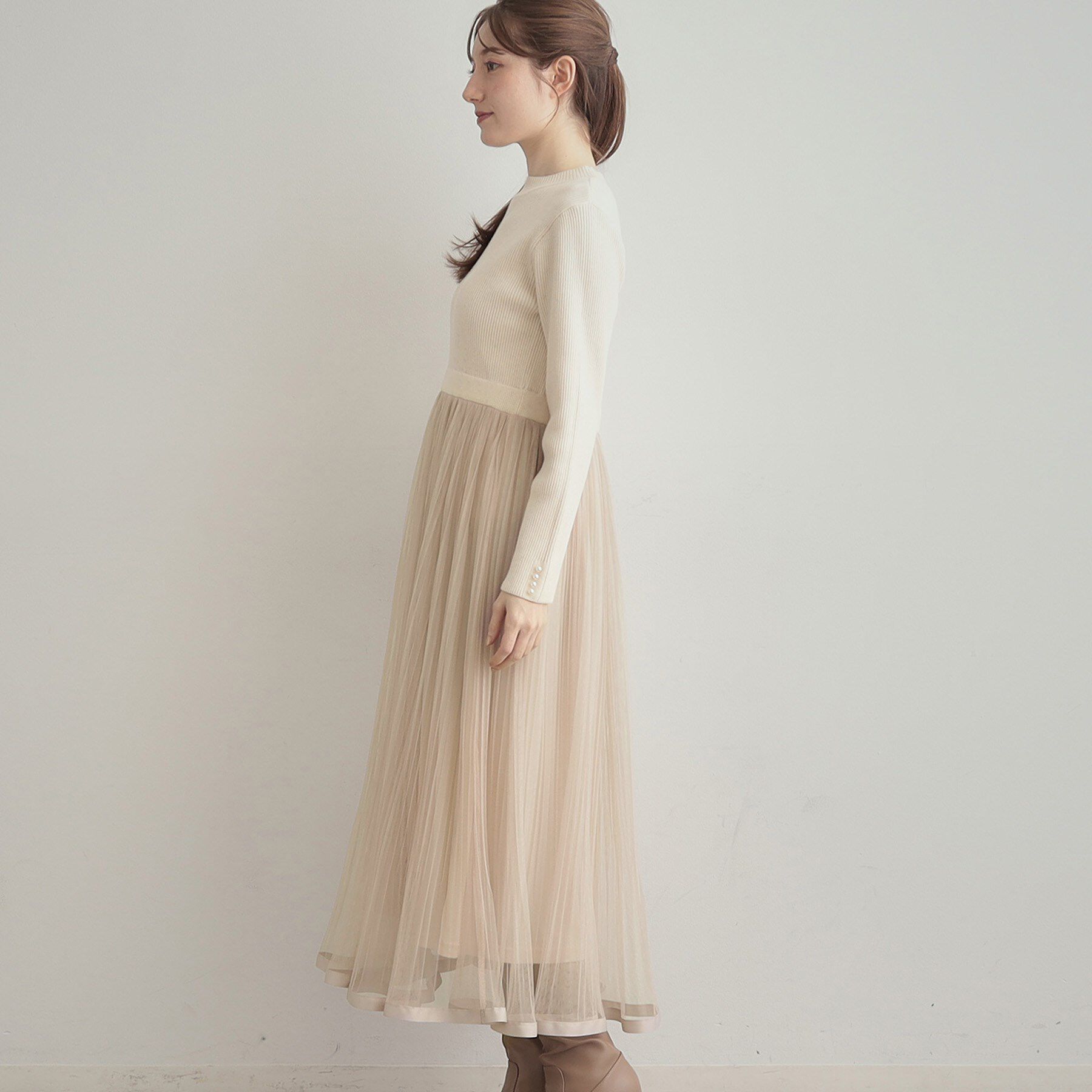 Couture broach「【S-LL/キラキラリブニット】チュールドッキング ワンピース」|ワンピース|