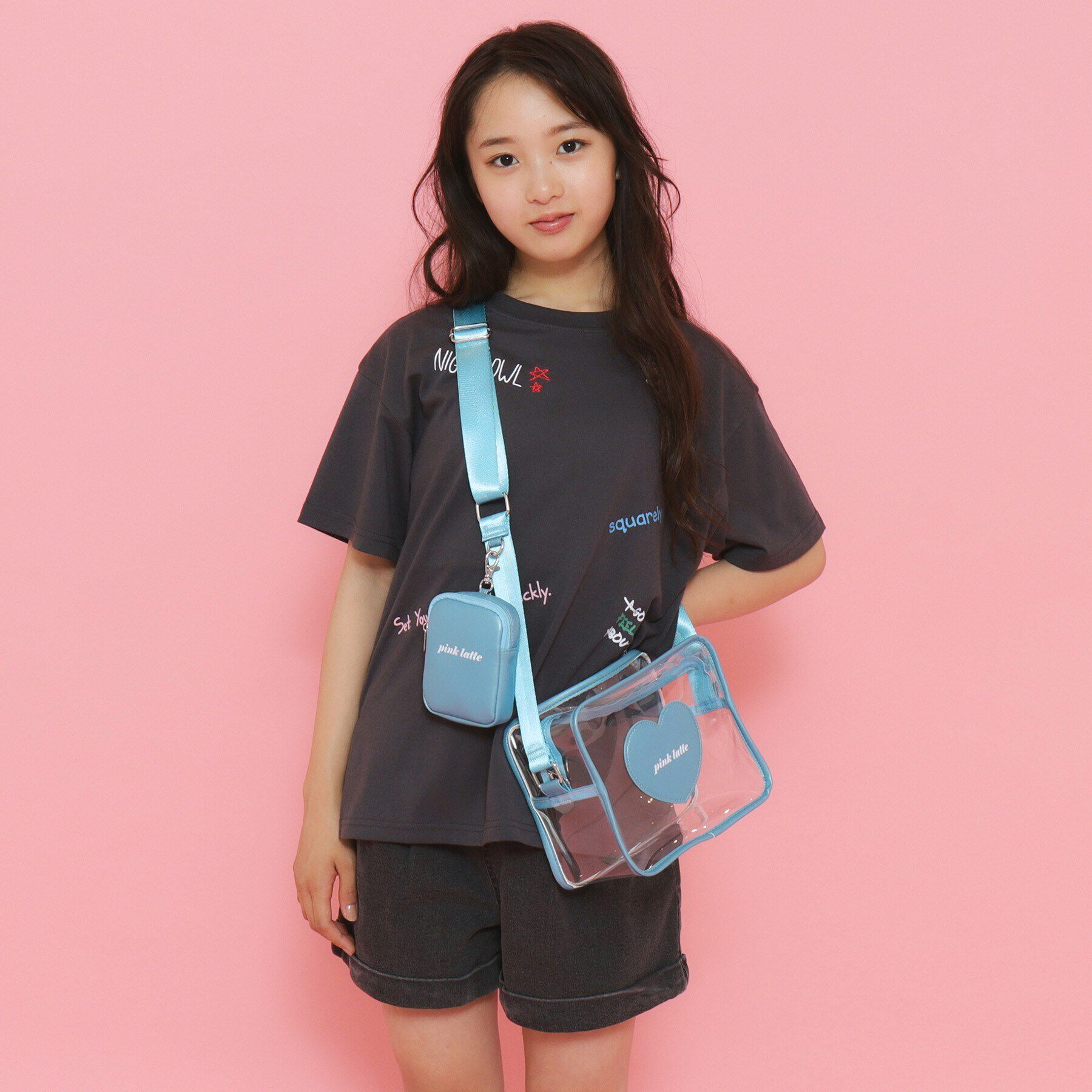 PINK-latte「ポーチ付きクリアショルダー」|ショルダー・メッセンジャー|ブルー(091)