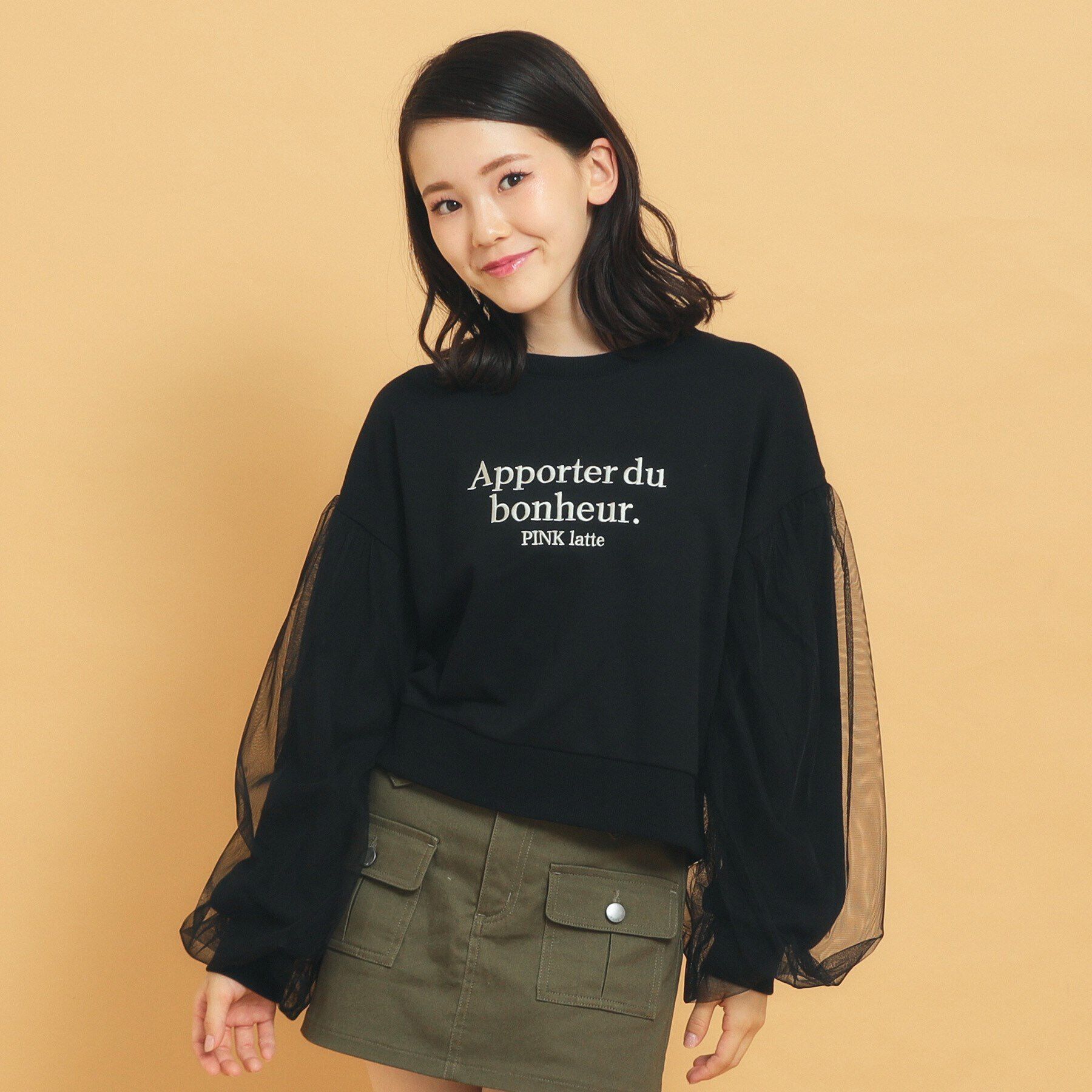 PINK-latte「袖チュールプルオーバー」|Tシャツ・カットソー|ブラック(019)