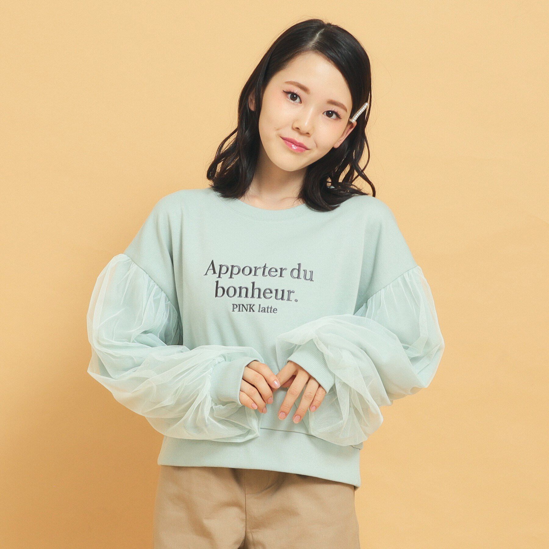 PINK-latte「袖チュールプルオーバー」|Tシャツ・カットソー|ミントグリーン(02