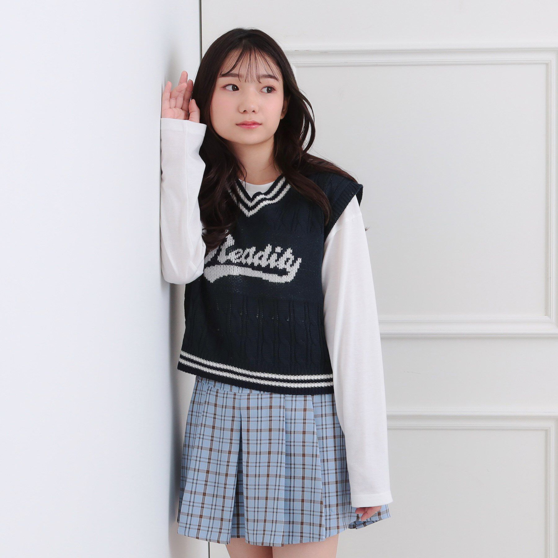 PINK-latte「【セットアイテム】ニットベスト＋ロンT」|ベスト・ジレ|ネイビー(094)