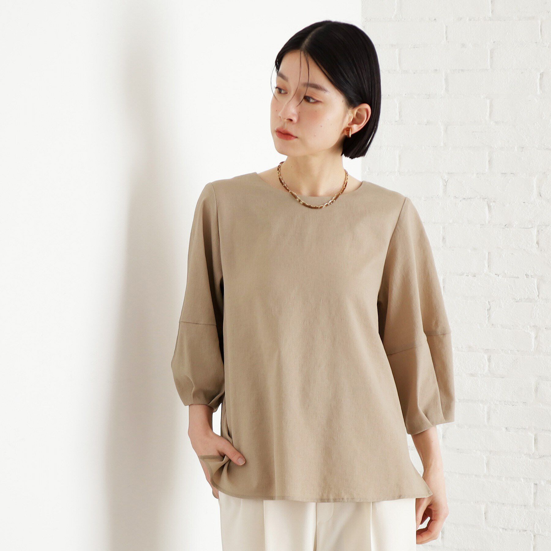 THE SHOP TK「麻調ランタン袖ブラウス【洗える】」|シャツ・ブラウス|ベージュ(052)