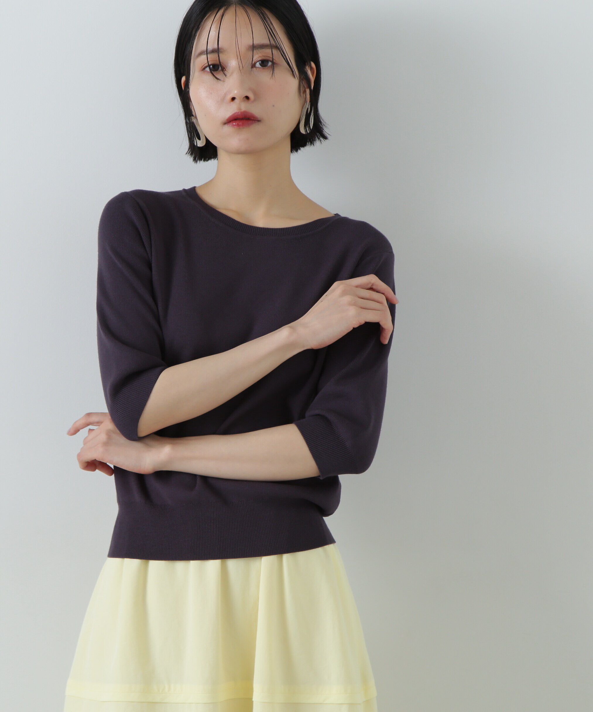  「総針クルーネック五分袖ニット」|ニット・セーター|チャコール1