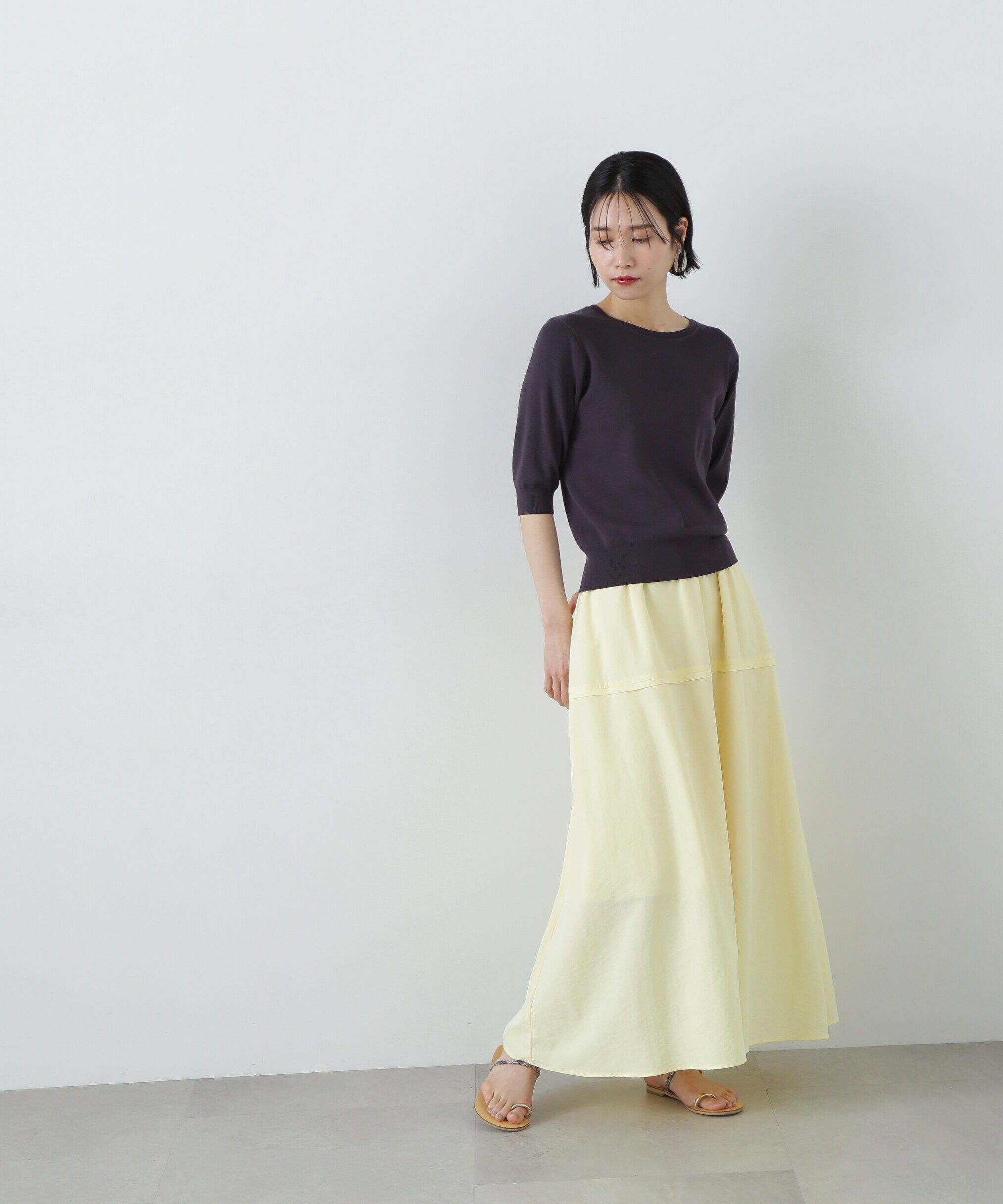  「総針クルーネック五分袖ニット」|ニット・セーター|