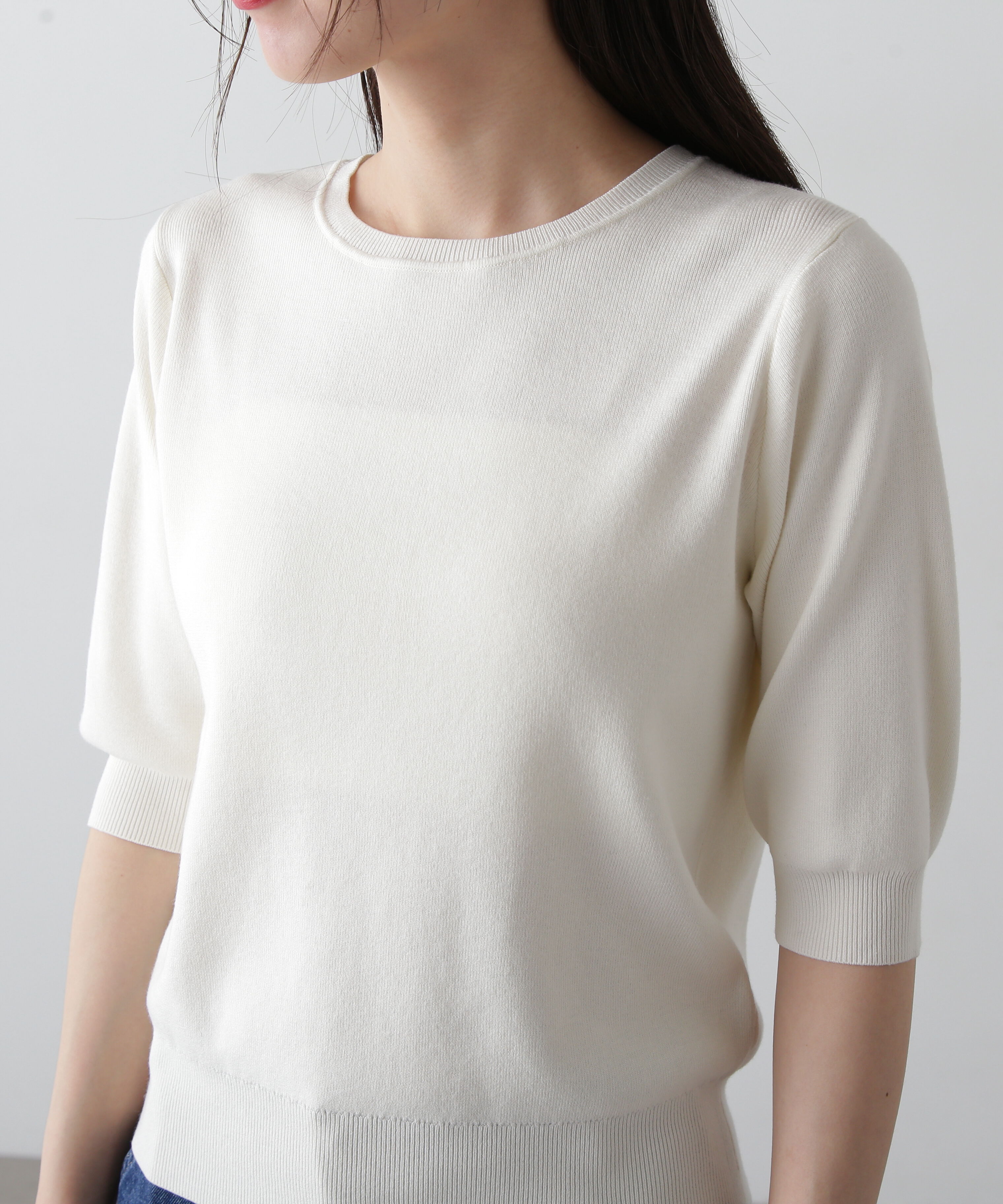  「総針クルーネック五分袖ニット」|ニット・セーター|