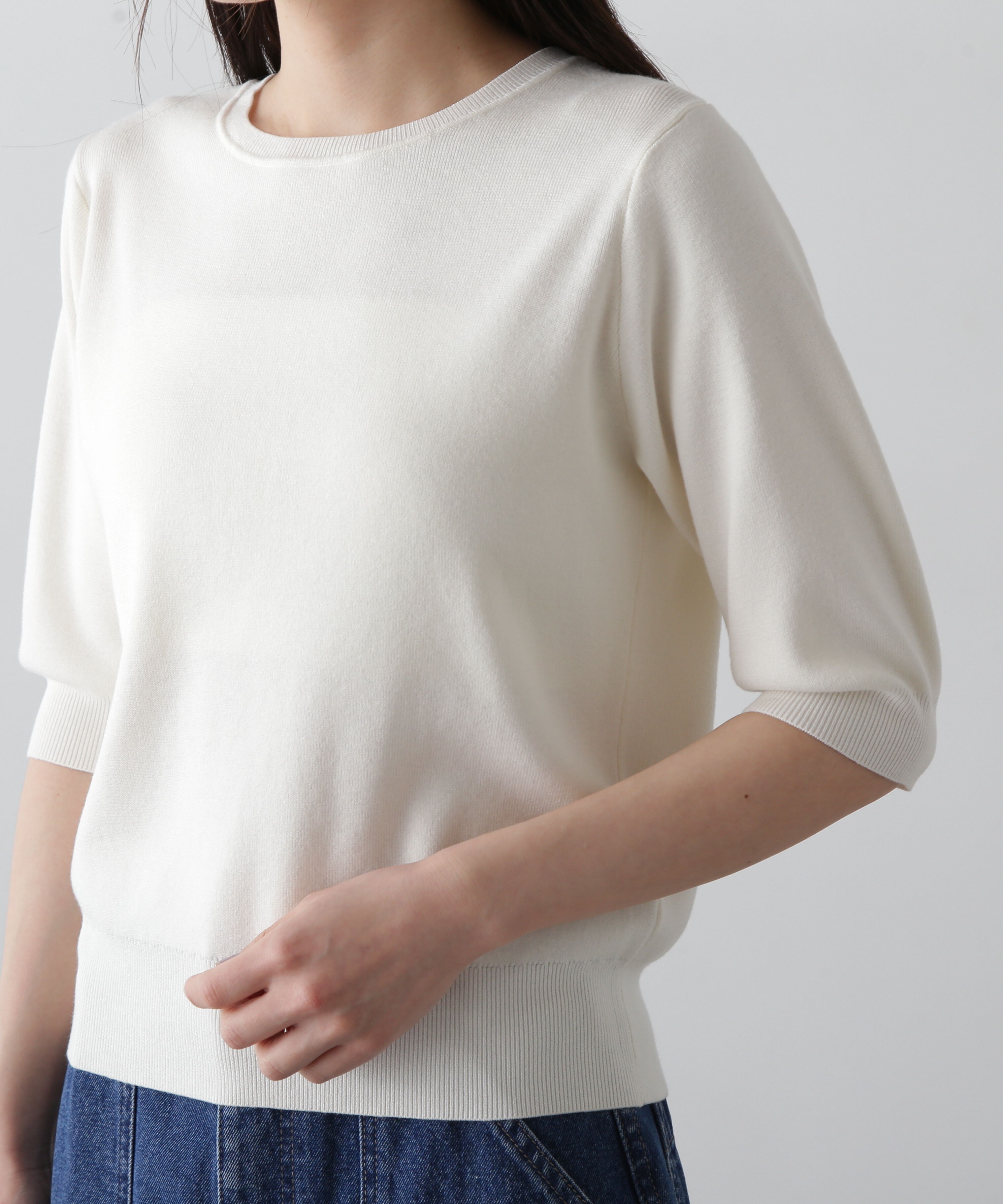  「総針クルーネック五分袖ニット」|ニット・セーター|