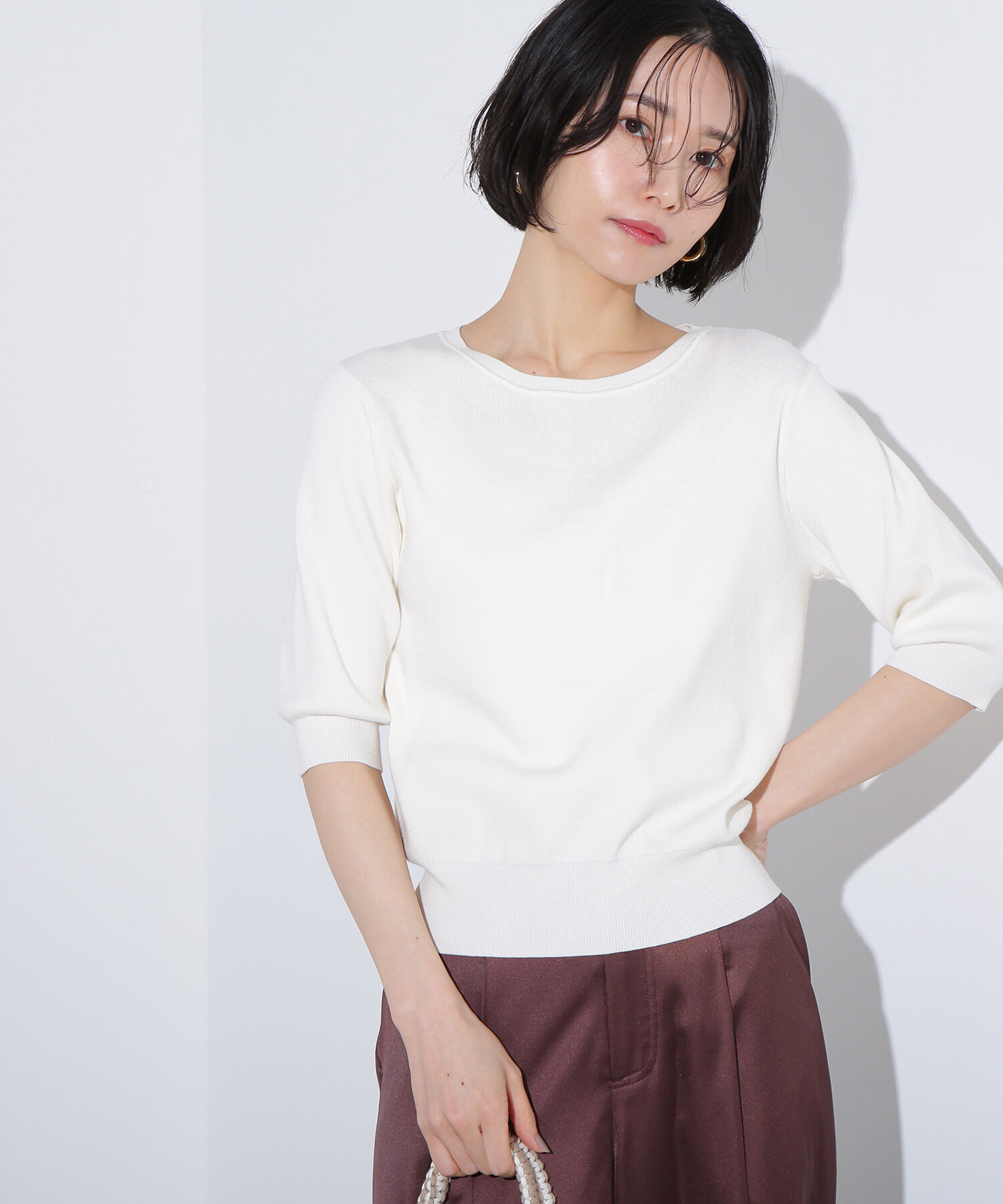  「総針クルーネック五分袖ニット」|ニット・セーター|