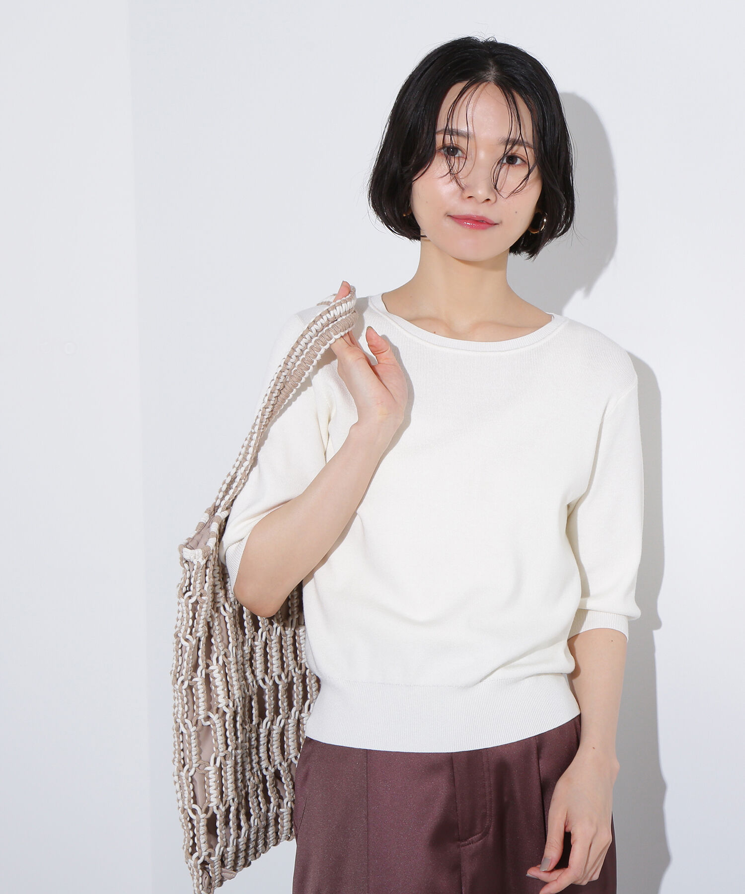  「総針クルーネック五分袖ニット」|ニット・セーター|