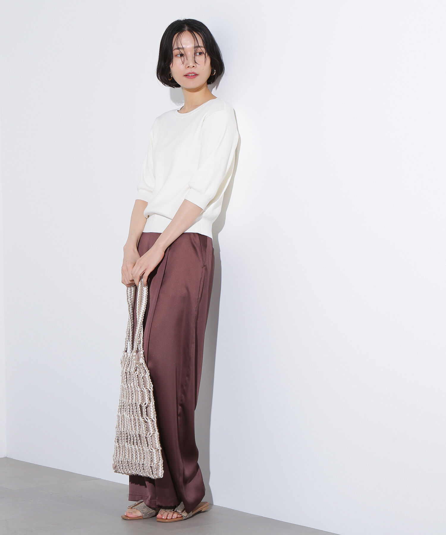  「総針クルーネック五分袖ニット」|ニット・セーター|