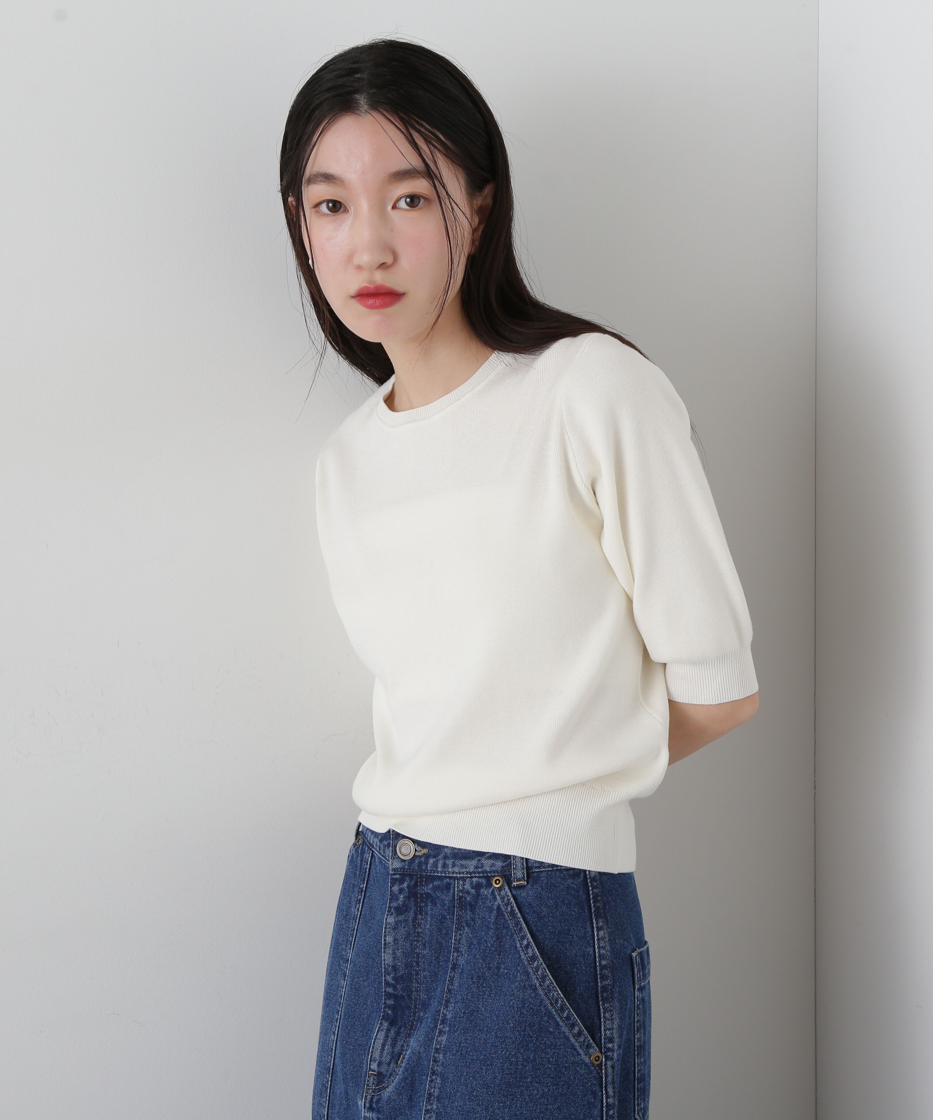  「総針クルーネック五分袖ニット」|ニット・セーター|