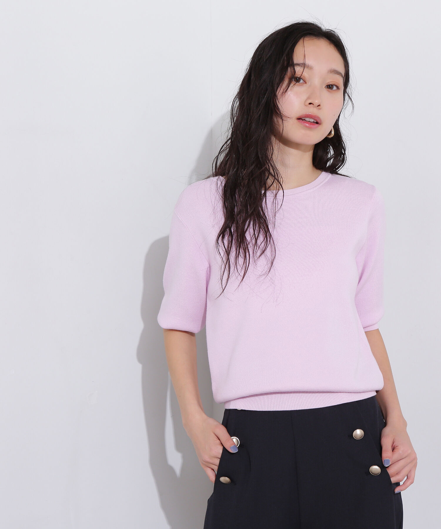  「総針クルーネック五分袖ニット」|ニット・セーター|ピンク