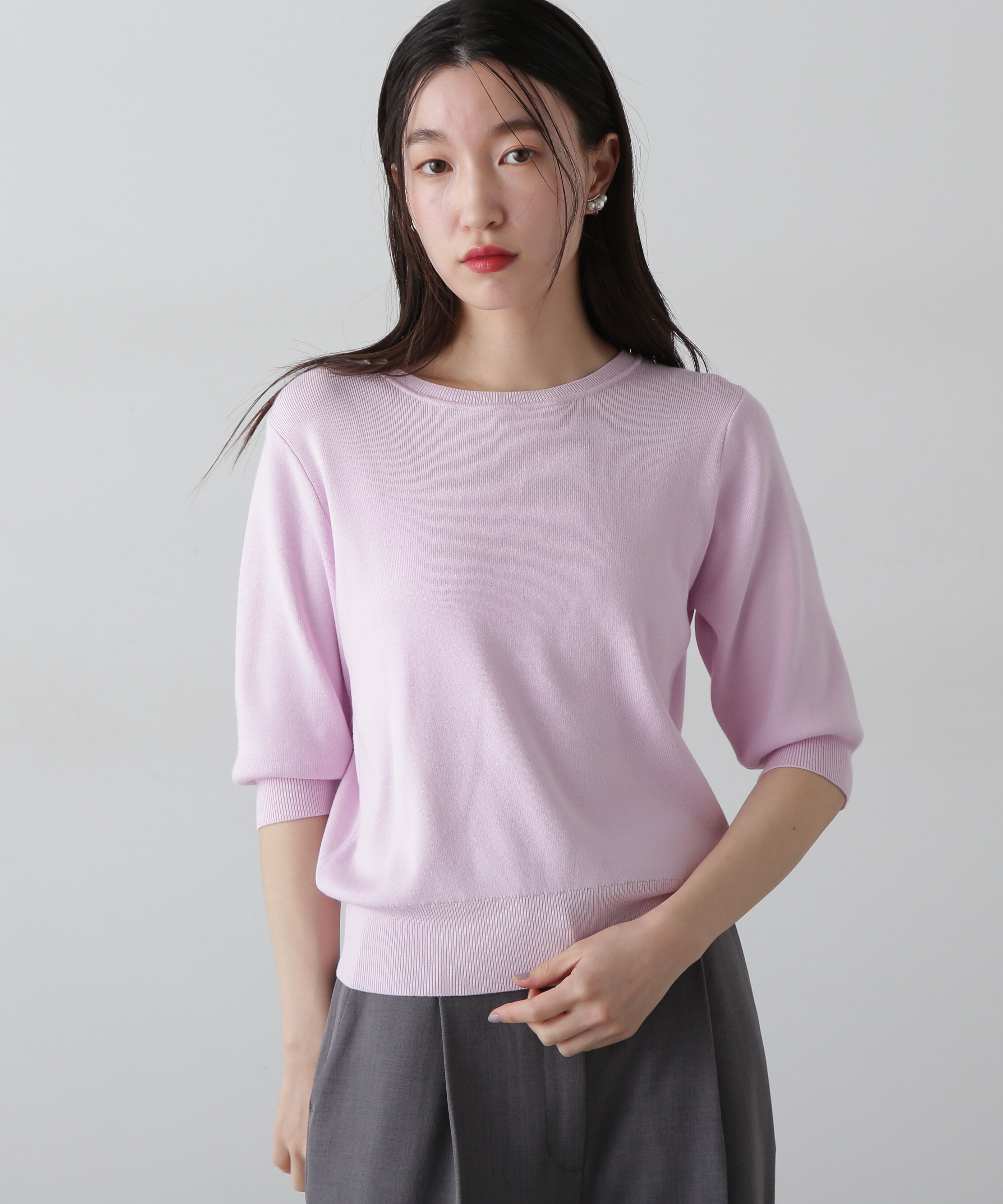  「総針クルーネック五分袖ニット」|ニット・セーター|