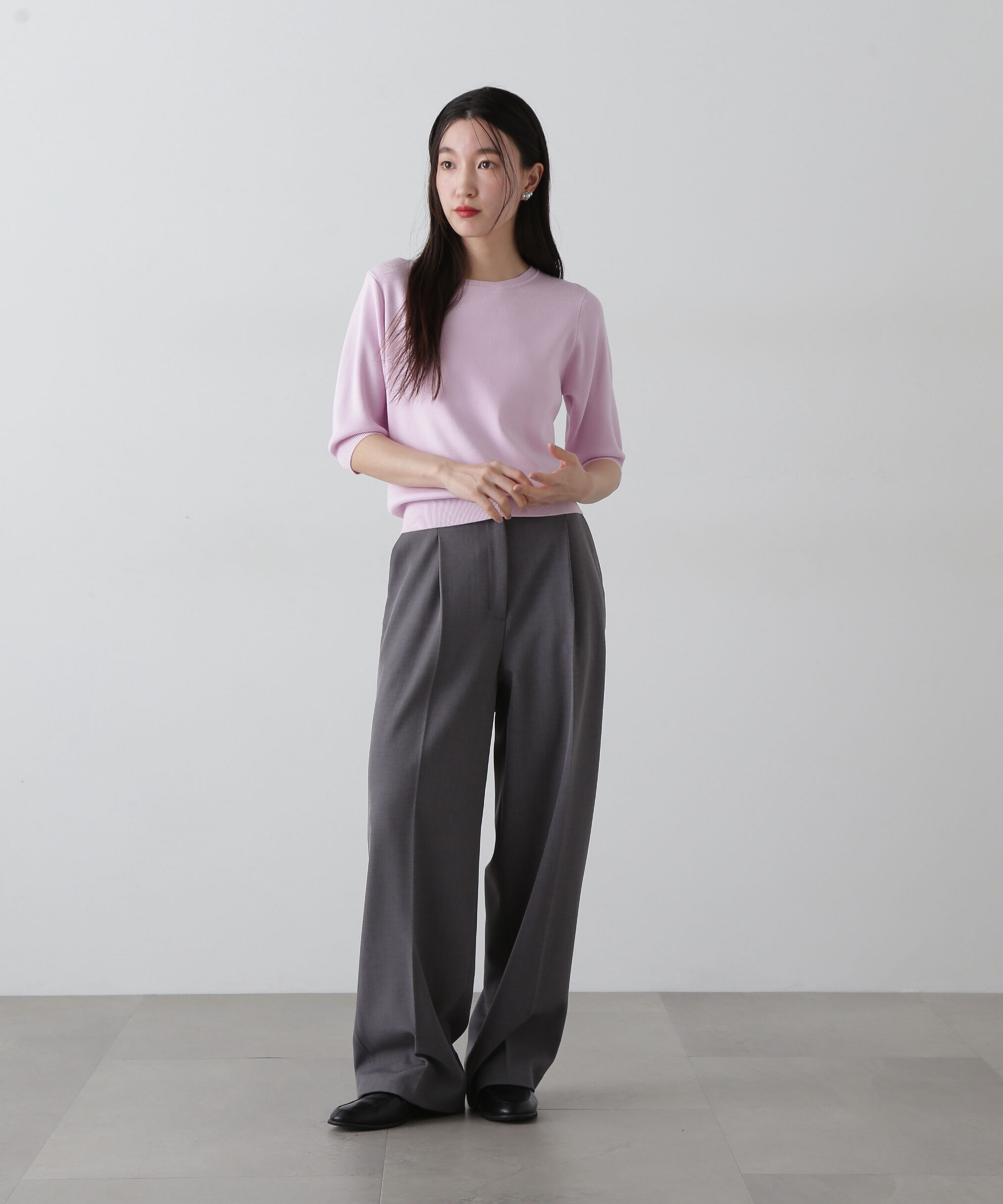  「総針クルーネック五分袖ニット」|ニット・セーター|